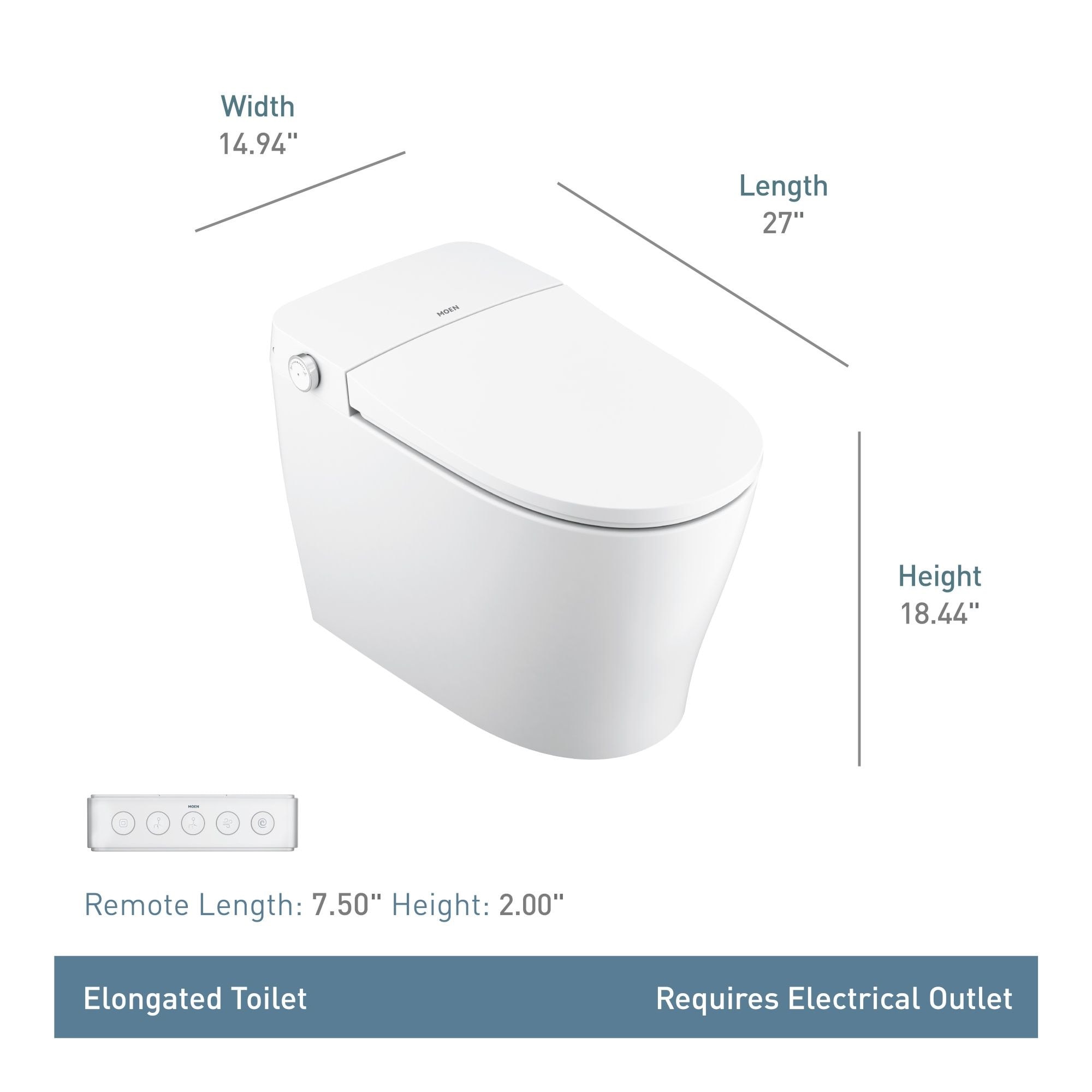 Bidet inteligente de una pieza con altura de silla alargada y cierre suave en color blanco de Moen