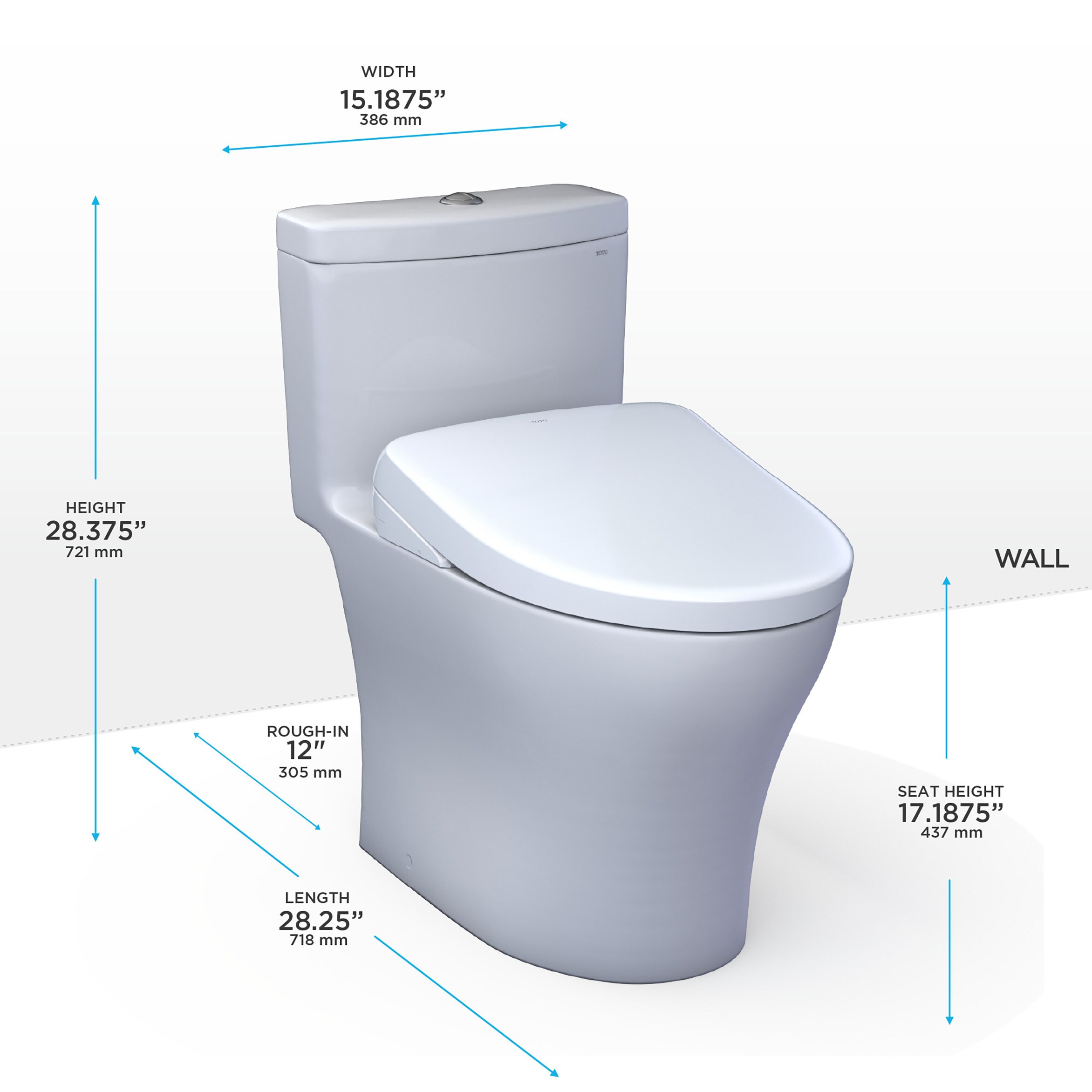 Inodoro bidé de una pieza Aquia Cotton White de TOTO con altura de silla alargada y doble descarga de 1.28 GPF con 12 pulgadas de descarga áspera.