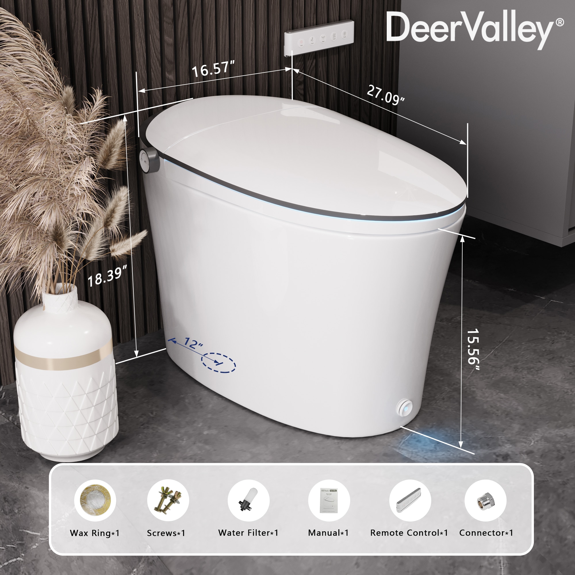 DeerValley Vertex Blanco Sin Contacto Descarga Suave Inteligente Estándar Altura Alargado 1 Pieza Bidet 12 pulgadas 1.28 GPF DV-1S0019-V3