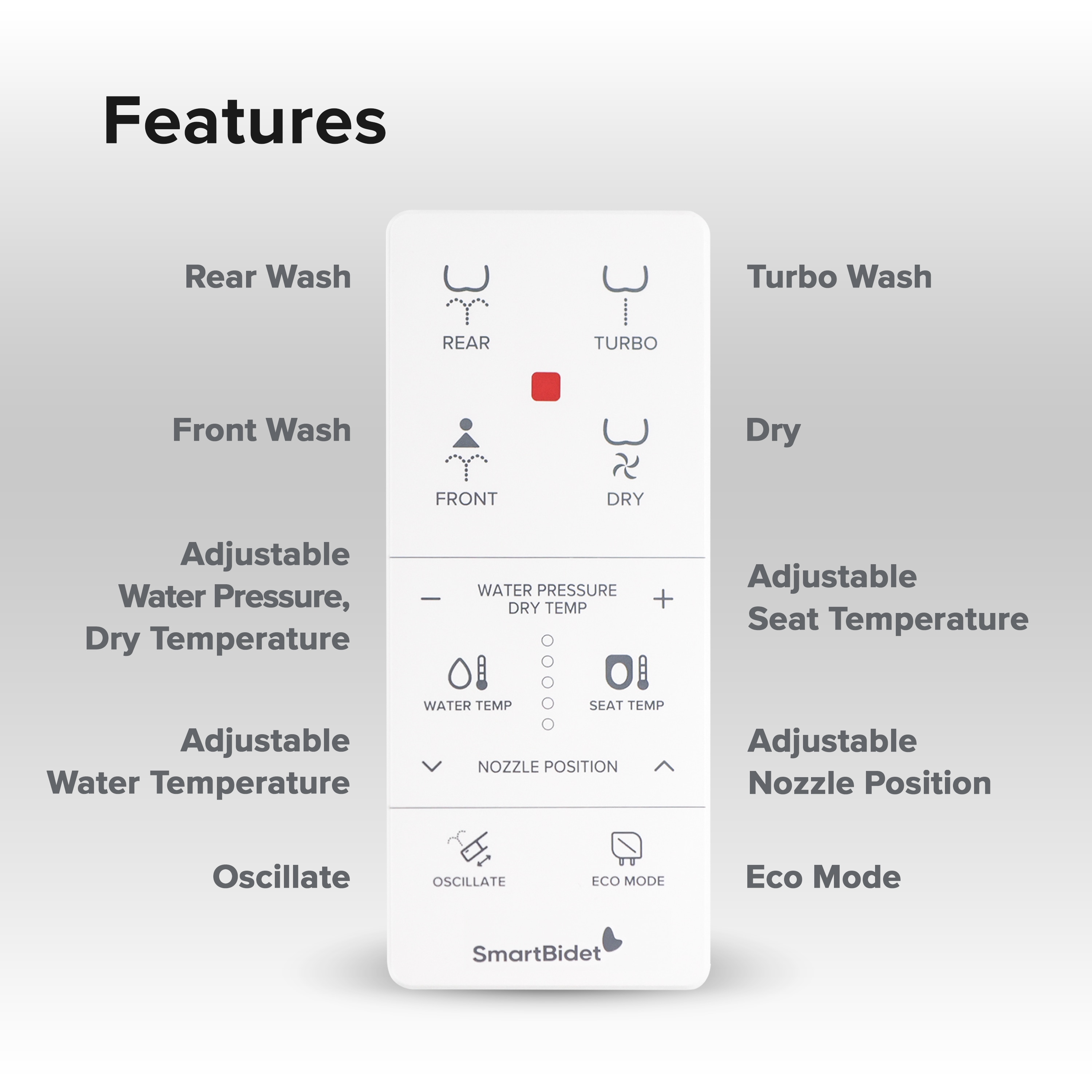 Asiento de baño SmartBidet de plástico color blanco alargado con cierre suave y calentador SB-1000WE