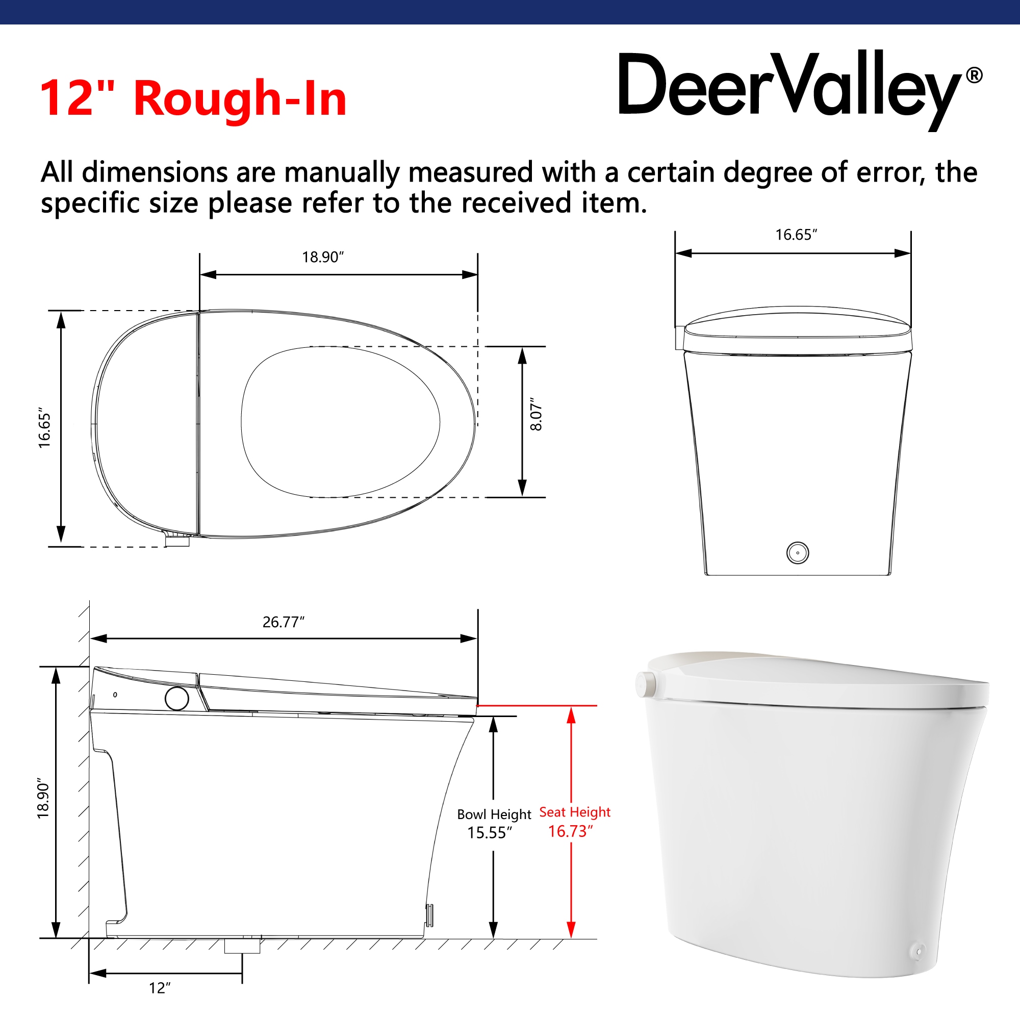 DeerValley Vertex Blanco sin Contacto Auto Limpieza Ergonómico Altura Estándar Suave Cierre 1 pieza Bidet 12 pulgadas Áspero 1.28 GPF DV-1S0150-V3