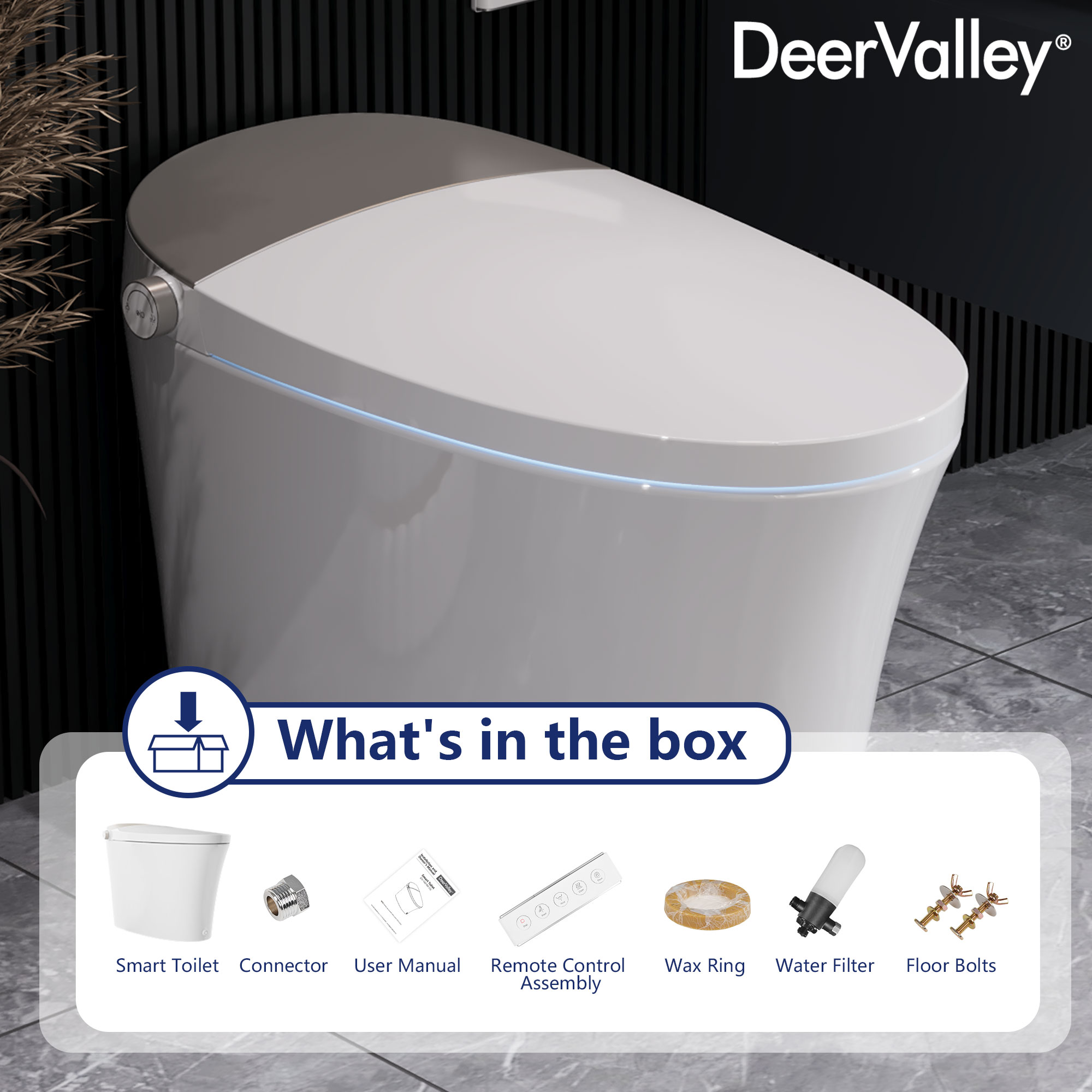 DeerValley Vertex Blanco sin Contacto Auto Limpieza Ergonómico Altura Estándar Suave Cierre 1 pieza Bidet 12 pulgadas Áspero 1.28 GPF DV-1S0150-V3