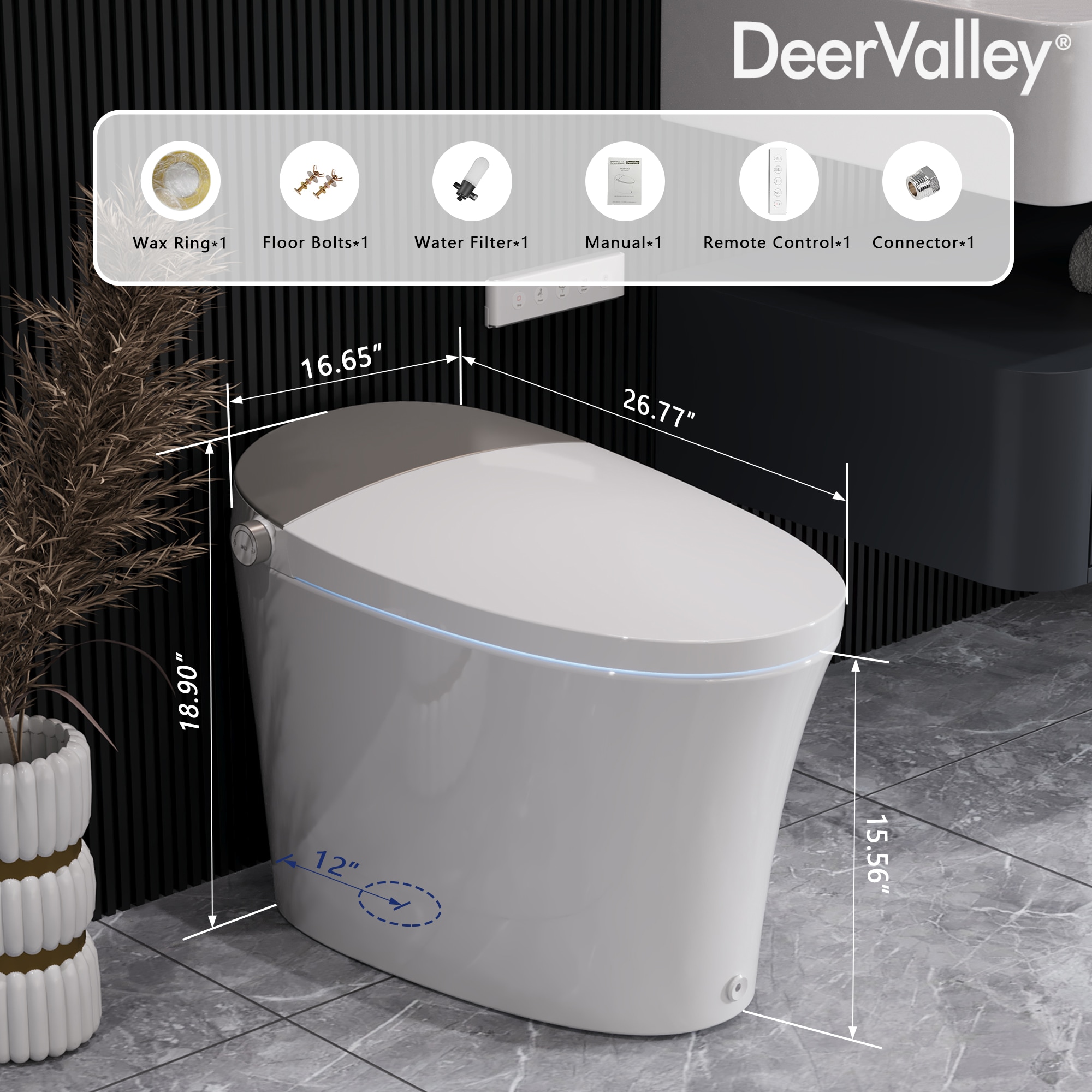 DeerValley Vertex Blanco sin Contacto Auto Limpieza Ergonómico Altura Estándar Suave Cierre 1 pieza Bidet 12 pulgadas Áspero 1.28 GPF DV-1S0150-V3