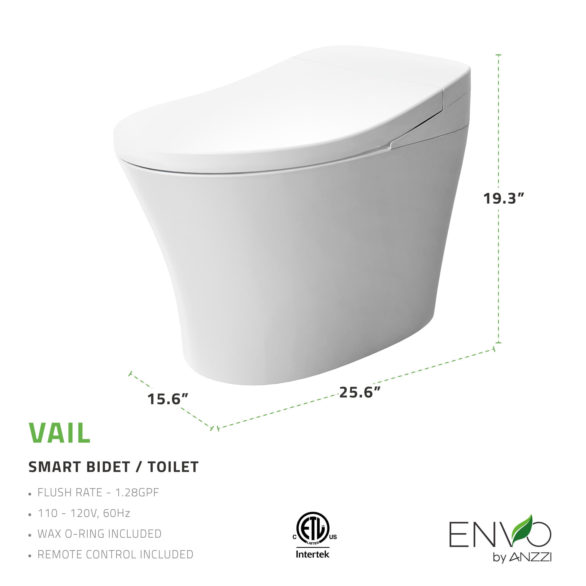 Inodoro con Bidet Integrado y Descarga Sin Contacto en Blanco ANZZI de Altura Estándar con Cierre Suave Inteligente