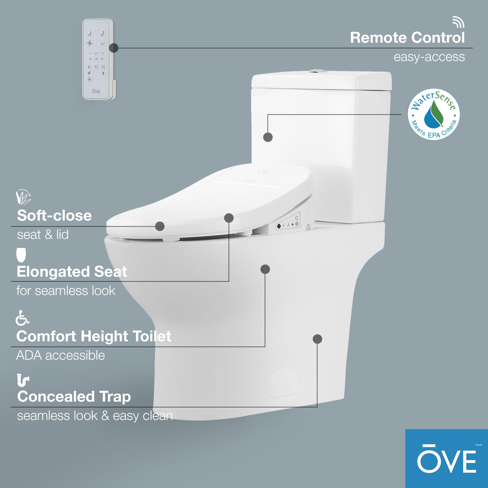 OVE Decors Felix Blanco Bidet de Altura de Silla alargada con Cierre Suave Inteligente de Doble Descarga de 12 pulgadas Rough-In, Etiquetado WaterSense de 1.6 GPF 15WST-FELI15-WHT
