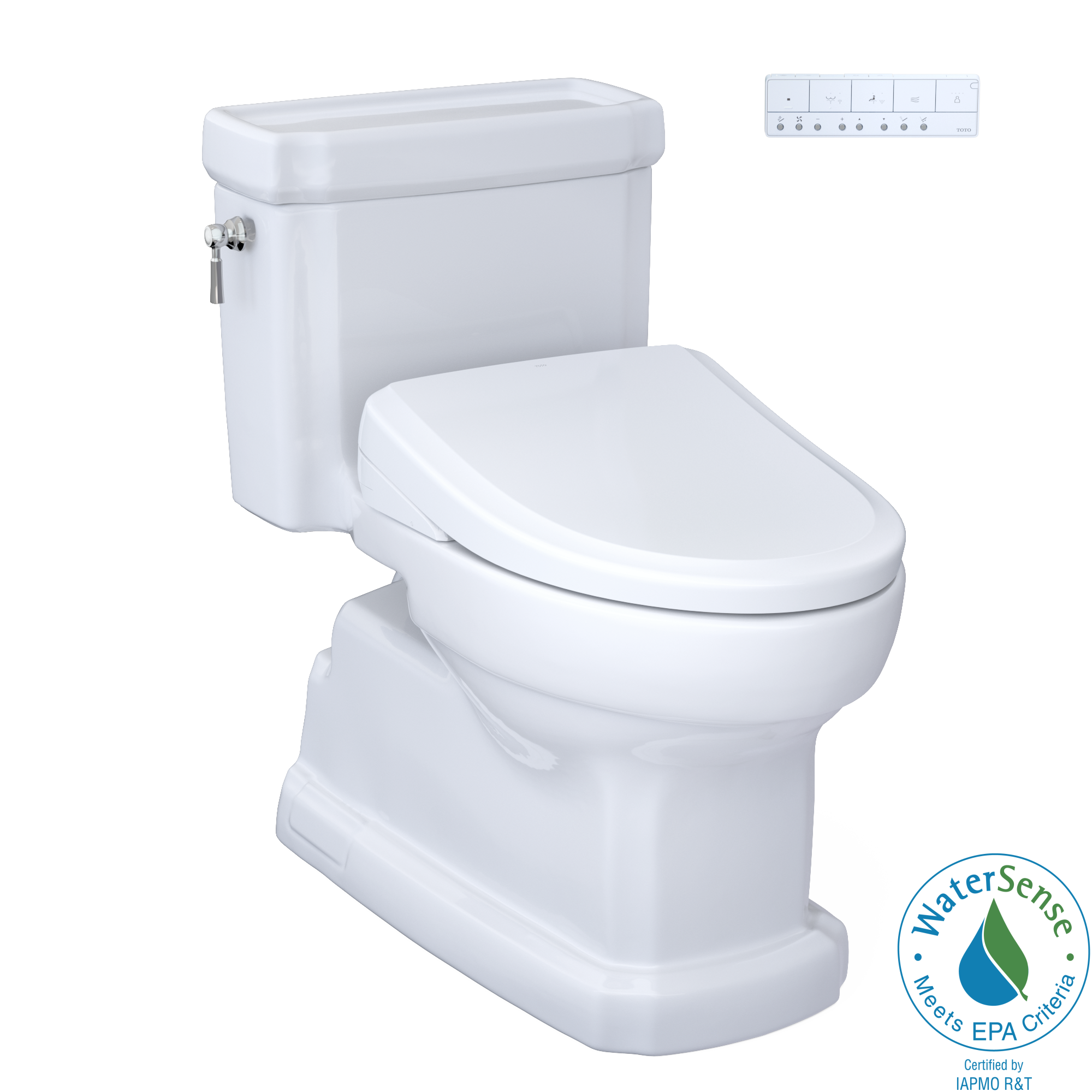 Bidet de una pieza alargado de altura de silla en color blanco de algodón Guinevere de TOTO con descarga de 1.28 GPF y distancia de 12 pulgadas al desagüe.