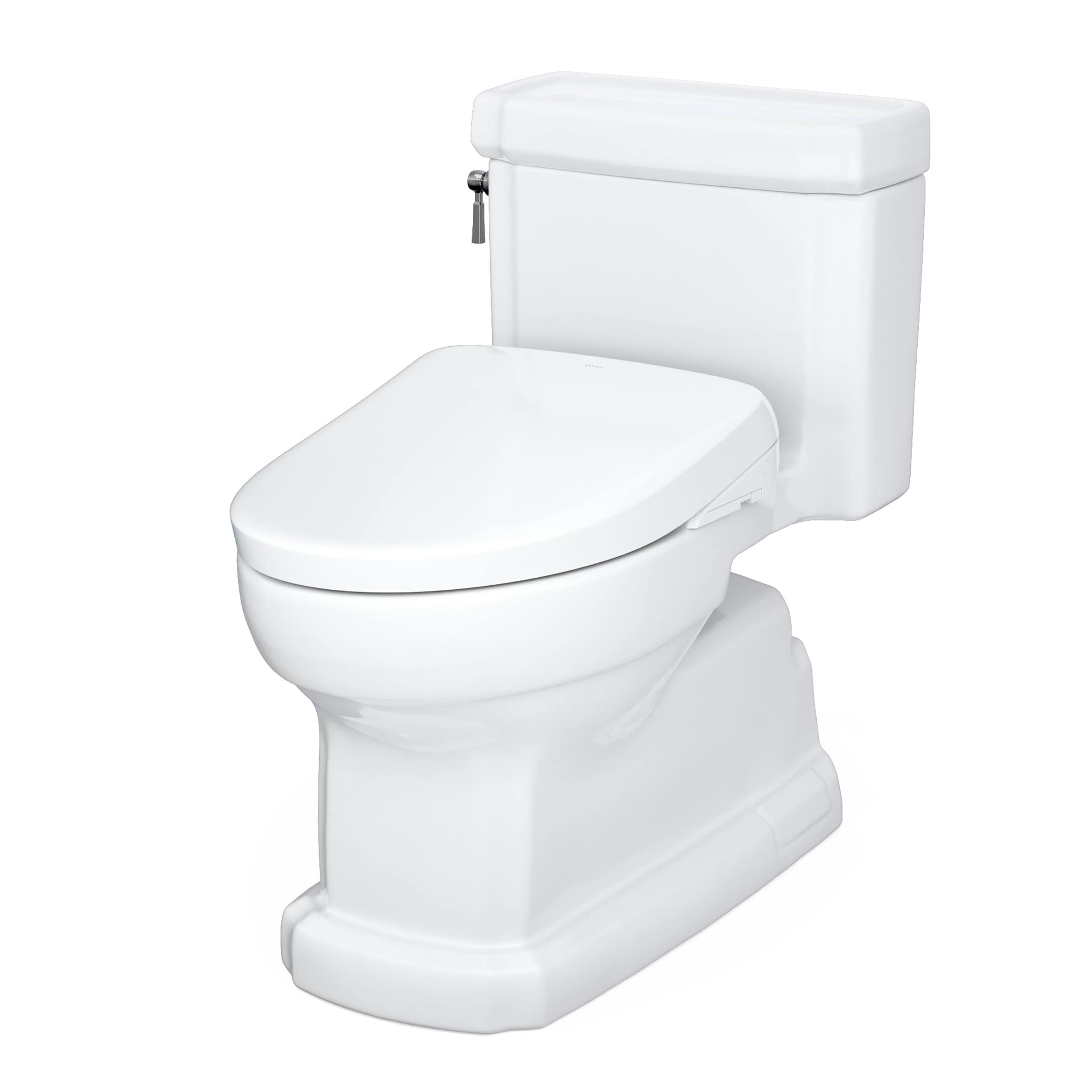 Bidet de una pieza alargado de altura de silla en color blanco de algodón Guinevere de TOTO con descarga de 1.28 GPF y distancia de 12 pulgadas al desagüe.