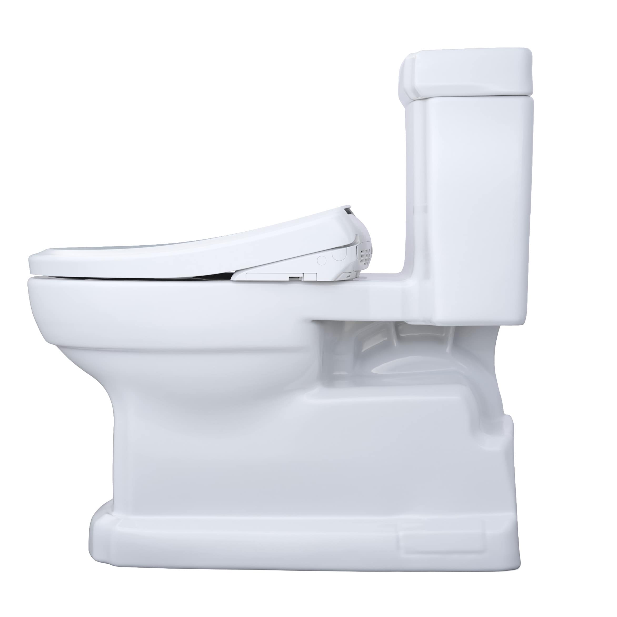 Bidet de una pieza alargado de altura de silla en color blanco de algodón Guinevere de TOTO con descarga de 1.28 GPF y distancia de 12 pulgadas al desagüe.