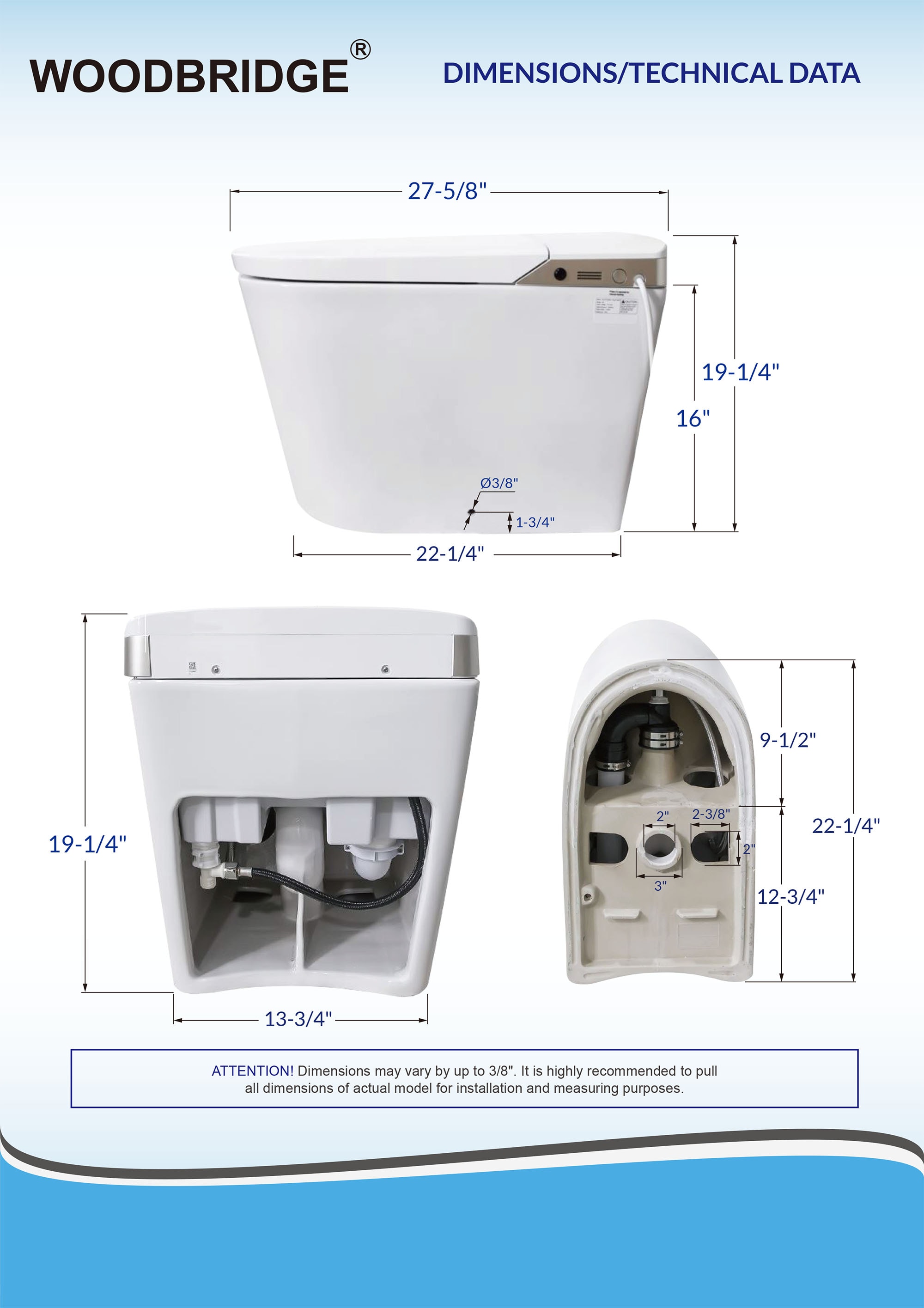 Bañera bidireccional blanca de Toscano de Woodbridge con cierre suave inteligente y altura estándar, alargada de una sola pieza con asiento bidet de 12 pulgadas y descarga doble de 1.6 GPF LT527