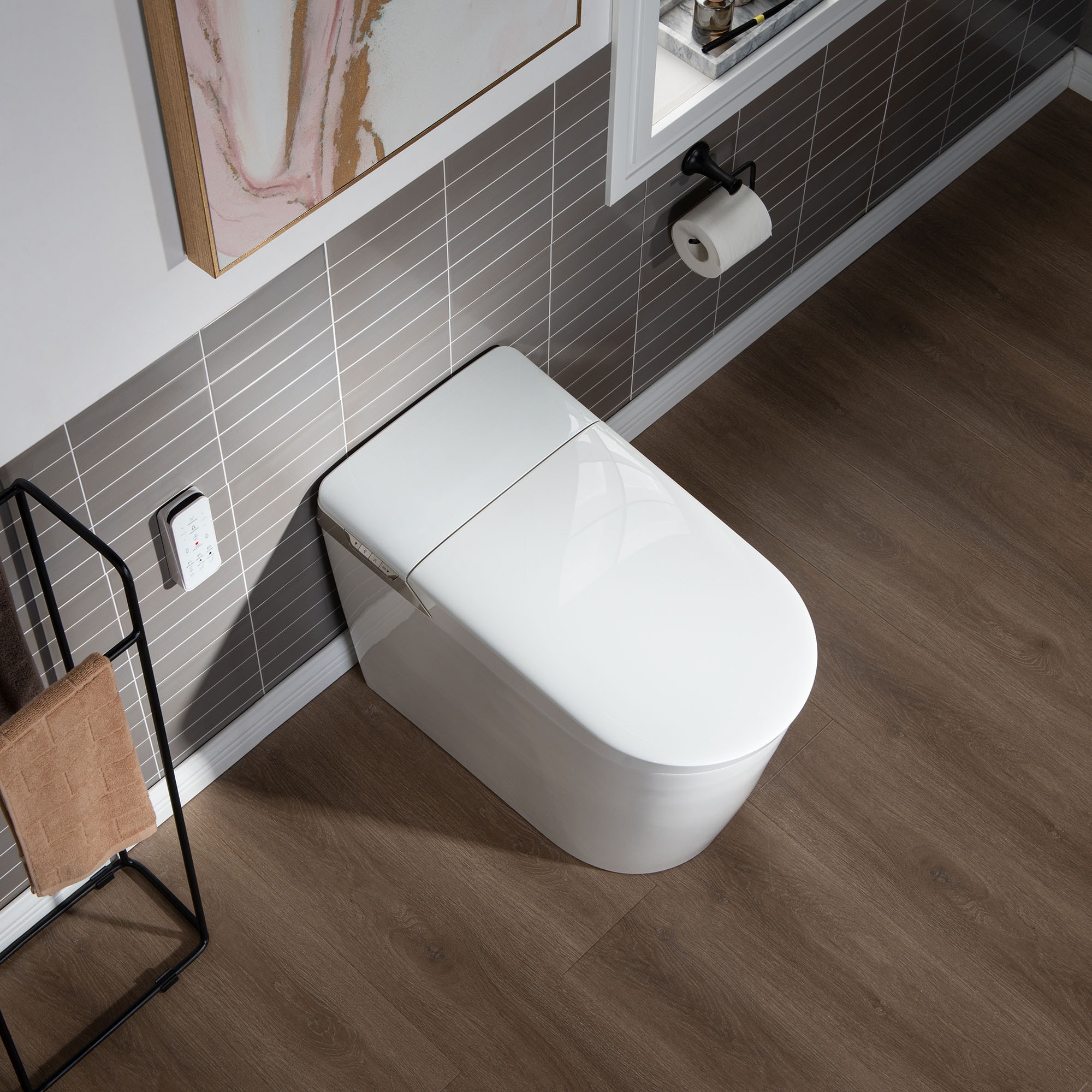 Bañera bidireccional blanca de Toscano de Woodbridge con cierre suave inteligente y altura estándar, alargada de una sola pieza con asiento bidet de 12 pulgadas y descarga doble de 1.6 GPF LT527