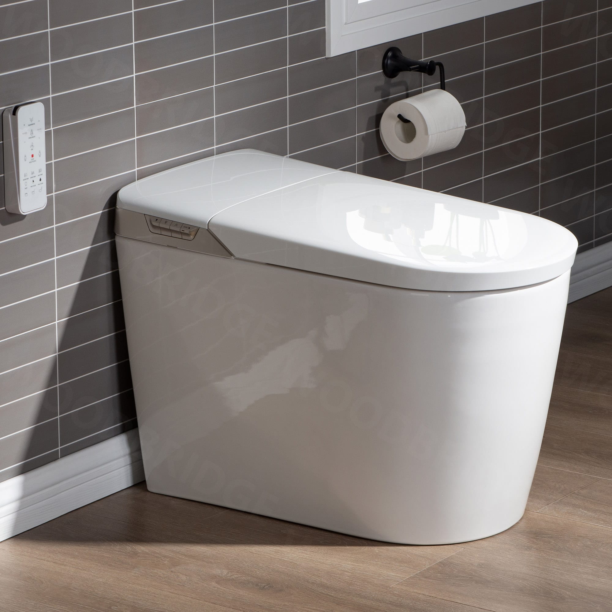 Bañera bidireccional blanca de Toscano de Woodbridge con cierre suave inteligente y altura estándar, alargada de una sola pieza con asiento bidet de 12 pulgadas y descarga doble de 1.6 GPF LT527