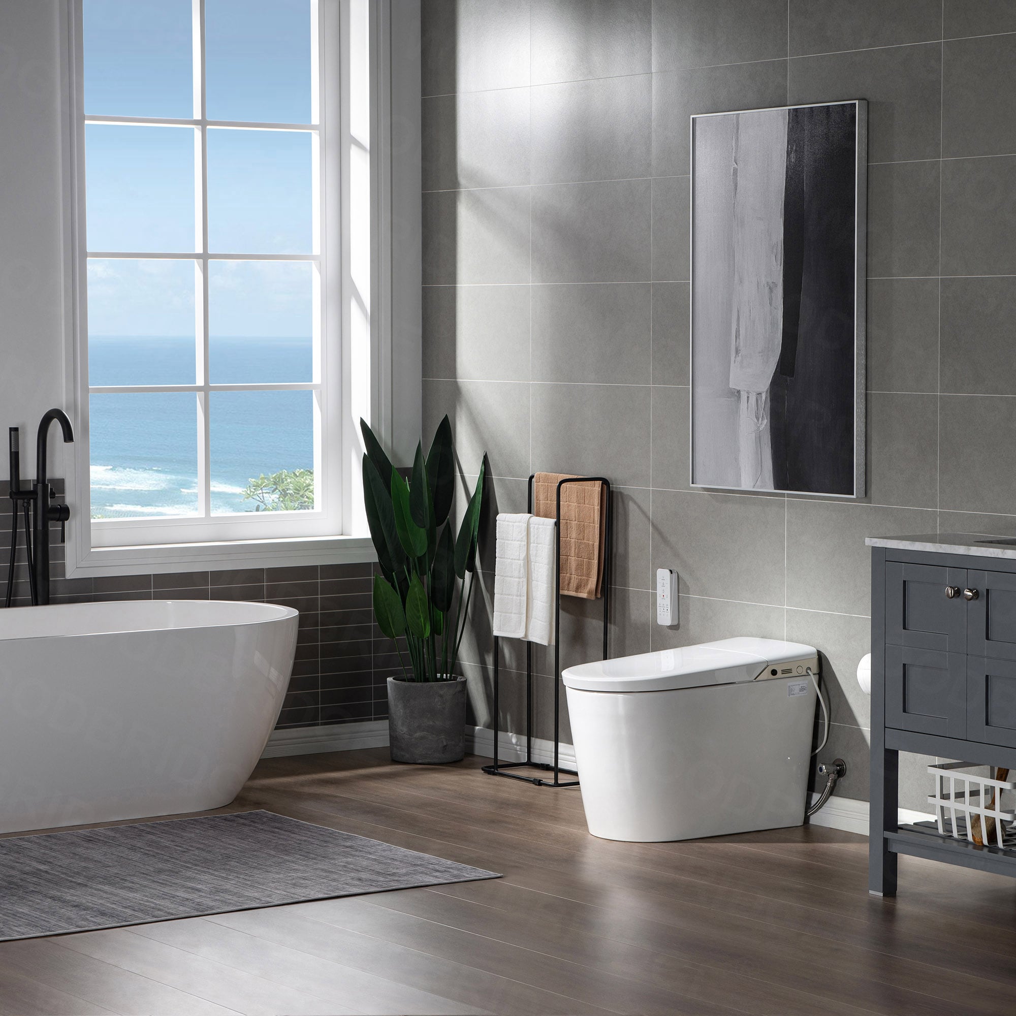 Bañera bidireccional blanca de Toscano de Woodbridge con cierre suave inteligente y altura estándar, alargada de una sola pieza con asiento bidet de 12 pulgadas y descarga doble de 1.6 GPF LT527