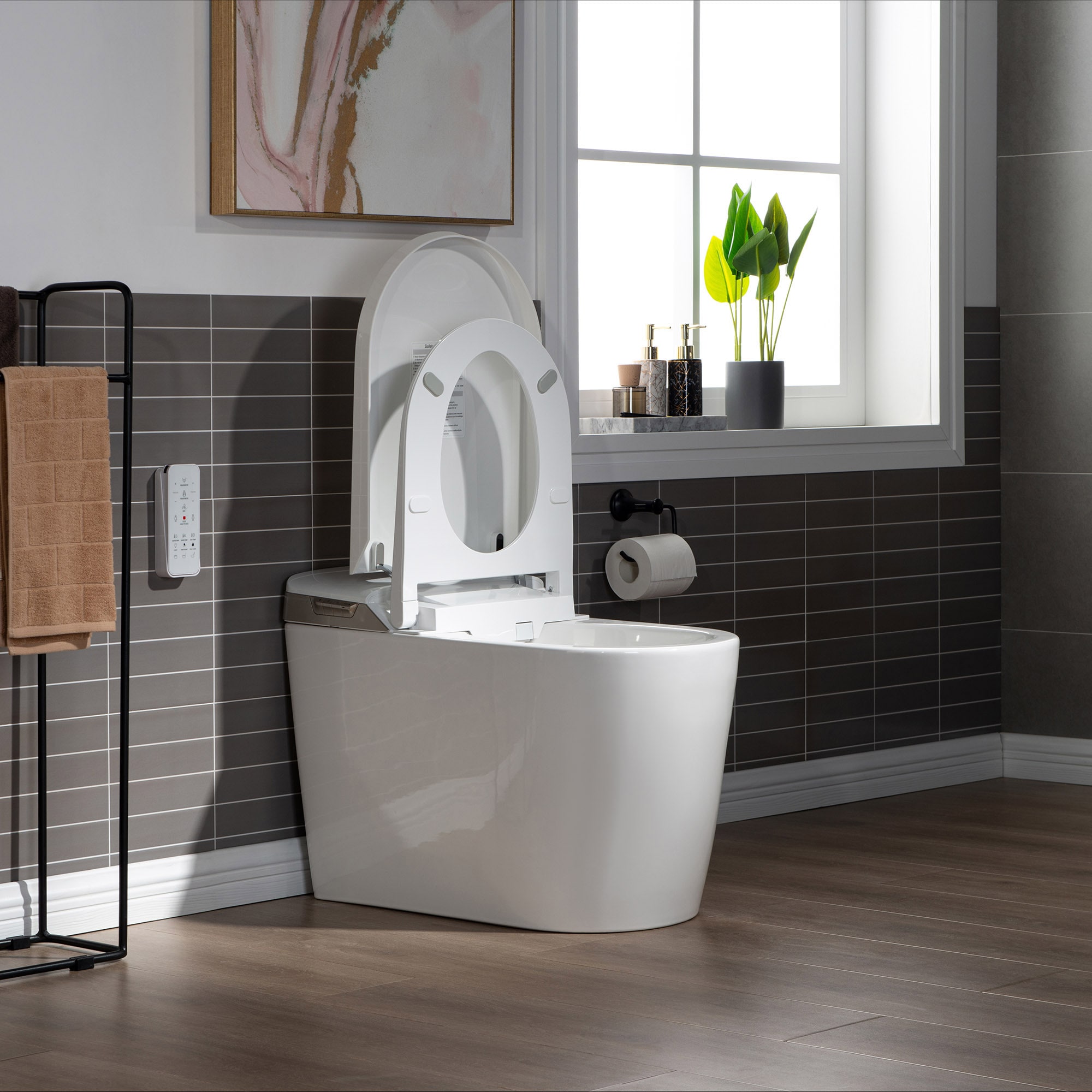 Bañera bidireccional blanca de Toscano de Woodbridge con cierre suave inteligente y altura estándar, alargada de una sola pieza con asiento bidet de 12 pulgadas y descarga doble de 1.6 GPF LT527