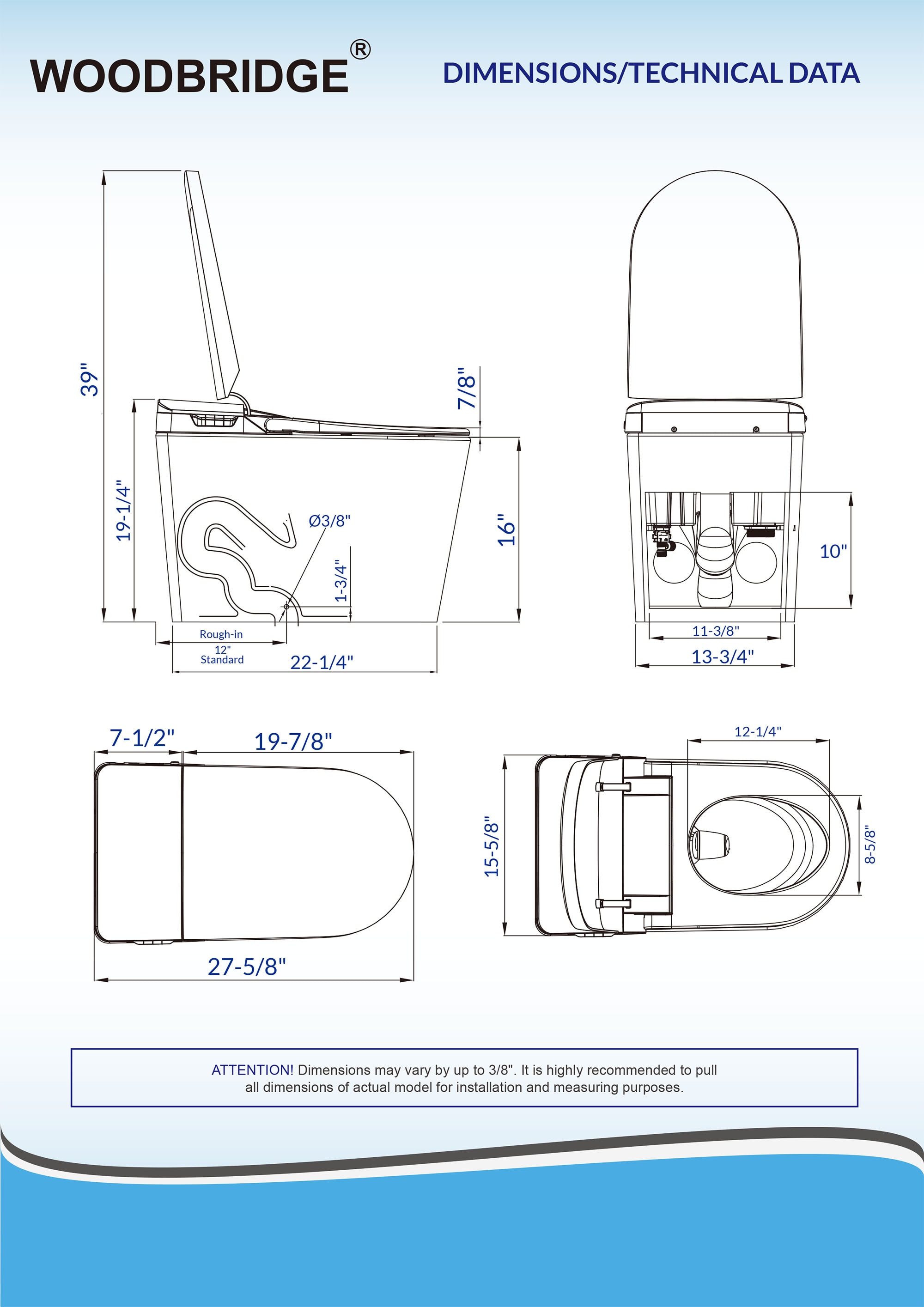 Bañera bidireccional blanca de Toscano de Woodbridge con cierre suave inteligente y altura estándar, alargada de una sola pieza con asiento bidet de 12 pulgadas y descarga doble de 1.6 GPF LT527