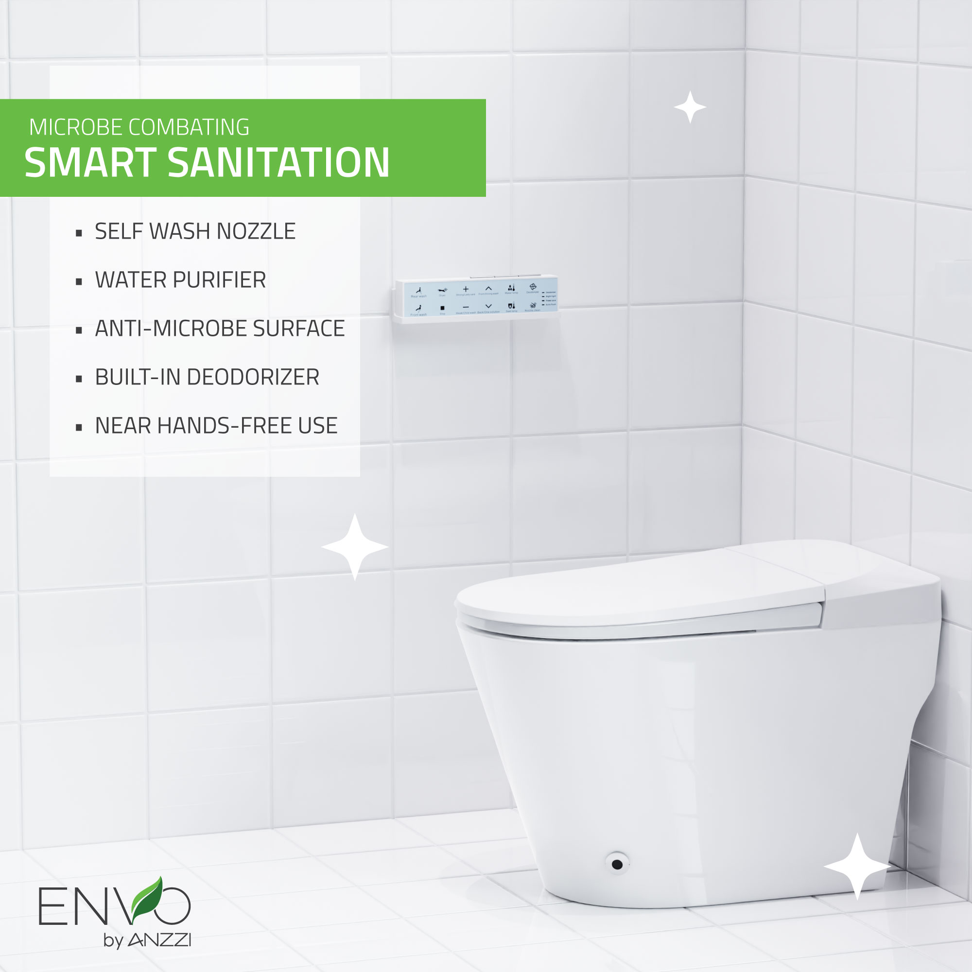 ANZZI Inodoro Blanco sin Contacto de Descarga con Altura Estándar alargado Smart Soft Close 1 pieza Bidet 12 pulgadas de Rough-In 1.28 GPF TL-ST950WIFI-WH