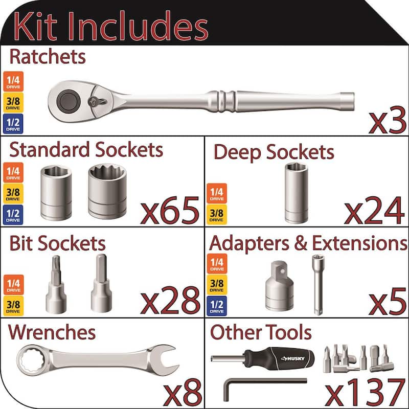 Set de herramientas mecánicas Husky con bandejas de almacenamiento integradas (270 piezas) - H270MTSBO