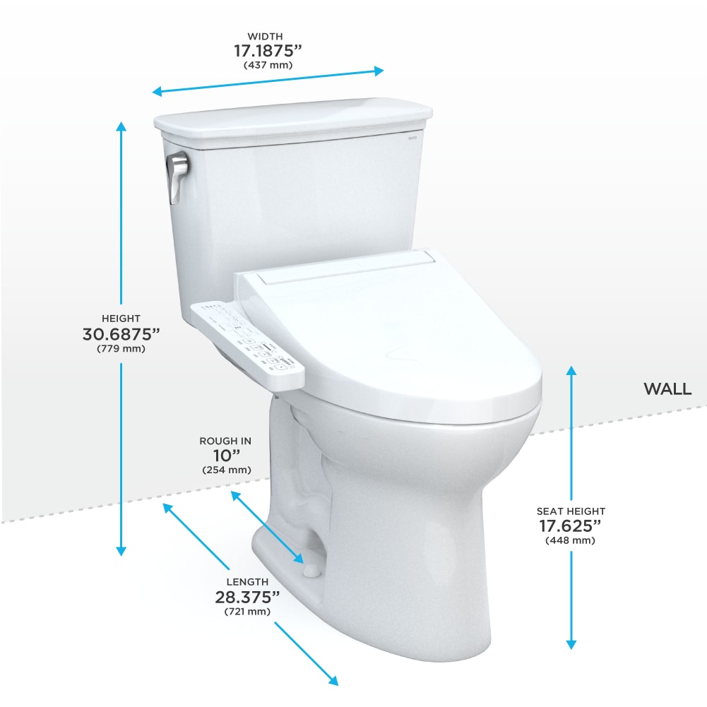 TOTO Drake Algodón Soltero Alargado Altura Estándar Cierre Suave Bidet de 2 Piezas con Rough-In de 10 Pulgadas Etiqueta WaterSense de 1.28 GPF MW7863074CEFG.10-01.