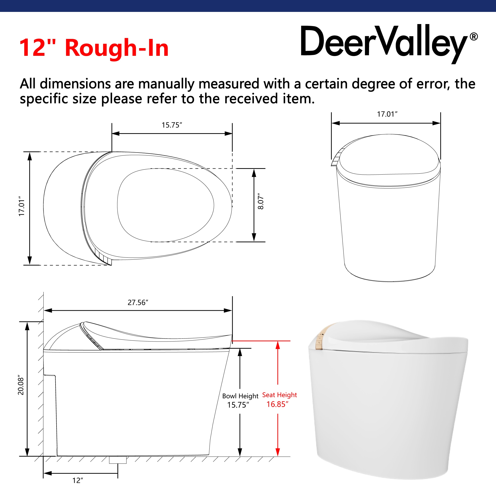 DeerValley Vertex Blanco sin Contacto con Descarga Táctil, Ergonómico Altura Standard, Suave Cierre Automático, Bidé Inteligente de una Pieza con Descarga de 12 Pulgadas, 1.4 GPF DV-1S0160