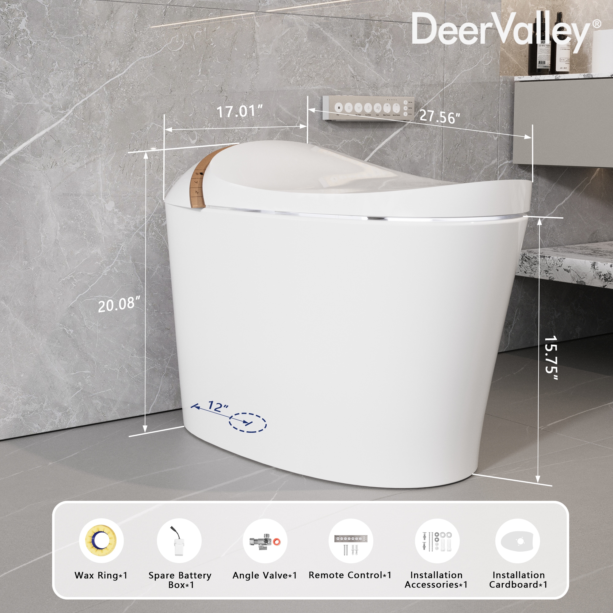 DeerValley Vertex Blanco sin Contacto con Descarga Táctil, Ergonómico Altura Standard, Suave Cierre Automático, Bidé Inteligente de una Pieza con Descarga de 12 Pulgadas, 1.4 GPF DV-1S0160