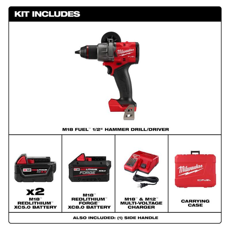 Milwaukee M18 FUEL 18V Lith-Ion Brushless Kit de taladro martillo inalámbrico con dos baterías de 5.0 Ah y pack de batería M18 FORGE XC de 8.0 Ah - 2904-22-48-11-1881.