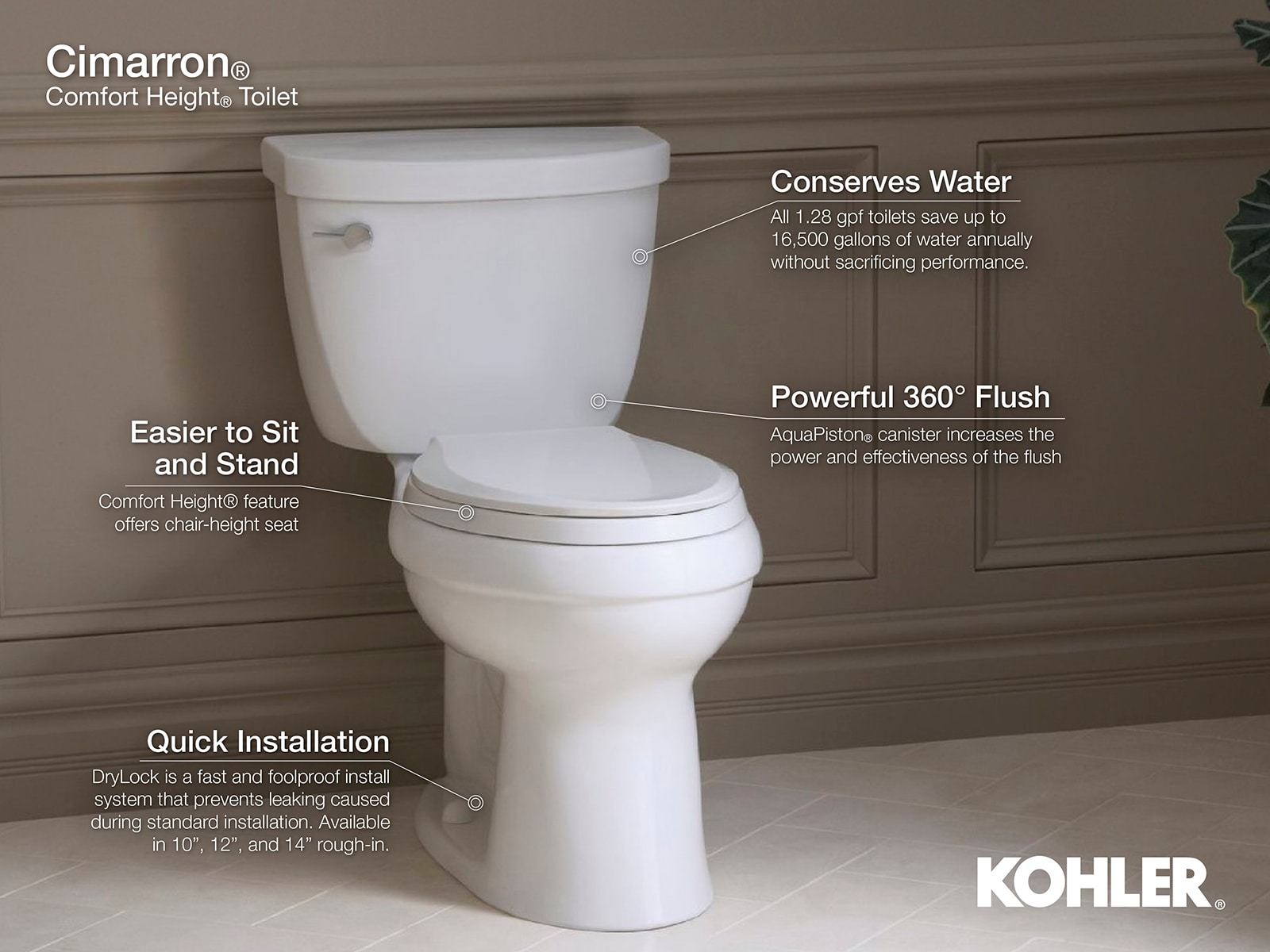 Taza de Baño alargada a altura de silla en Gris Hielo de la línea Cimarron de KOHLER con descarga de 12 pulgadas de rough-in 31588-95