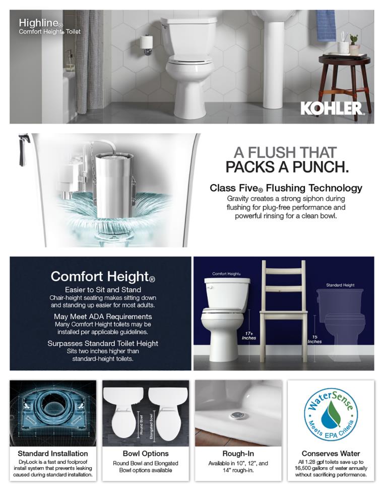Taza de baño alargada de altura de silla en color almendra Highline de KOHLER con salida de 12 pulgadas K-22661-96