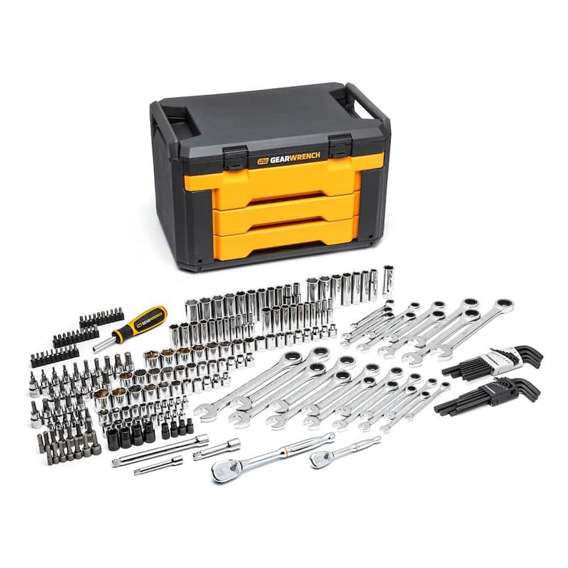 Juego de herramientas mecánicas GEARWRENCH de 1/4 y 3/8 pulgadas, estándar y profundo SAE/Métrico en caja de almacenamiento de 3 cajones (232 piezas) - 80944