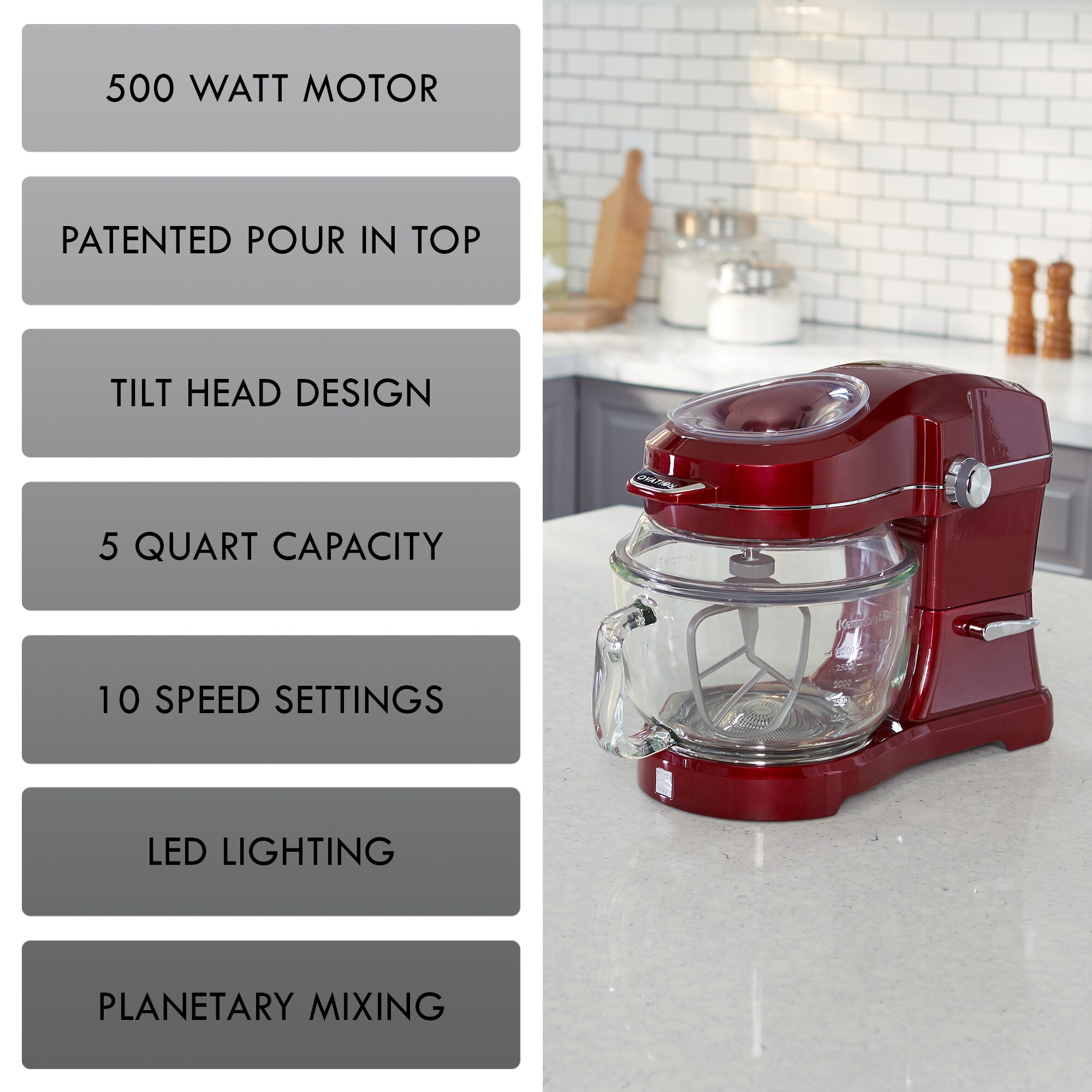 Batidora de pie inclinable Kenmore Elite Heavy-Duty de 500 vatios en rojo ovación de 5 cuartos para uso comercial o residencial.