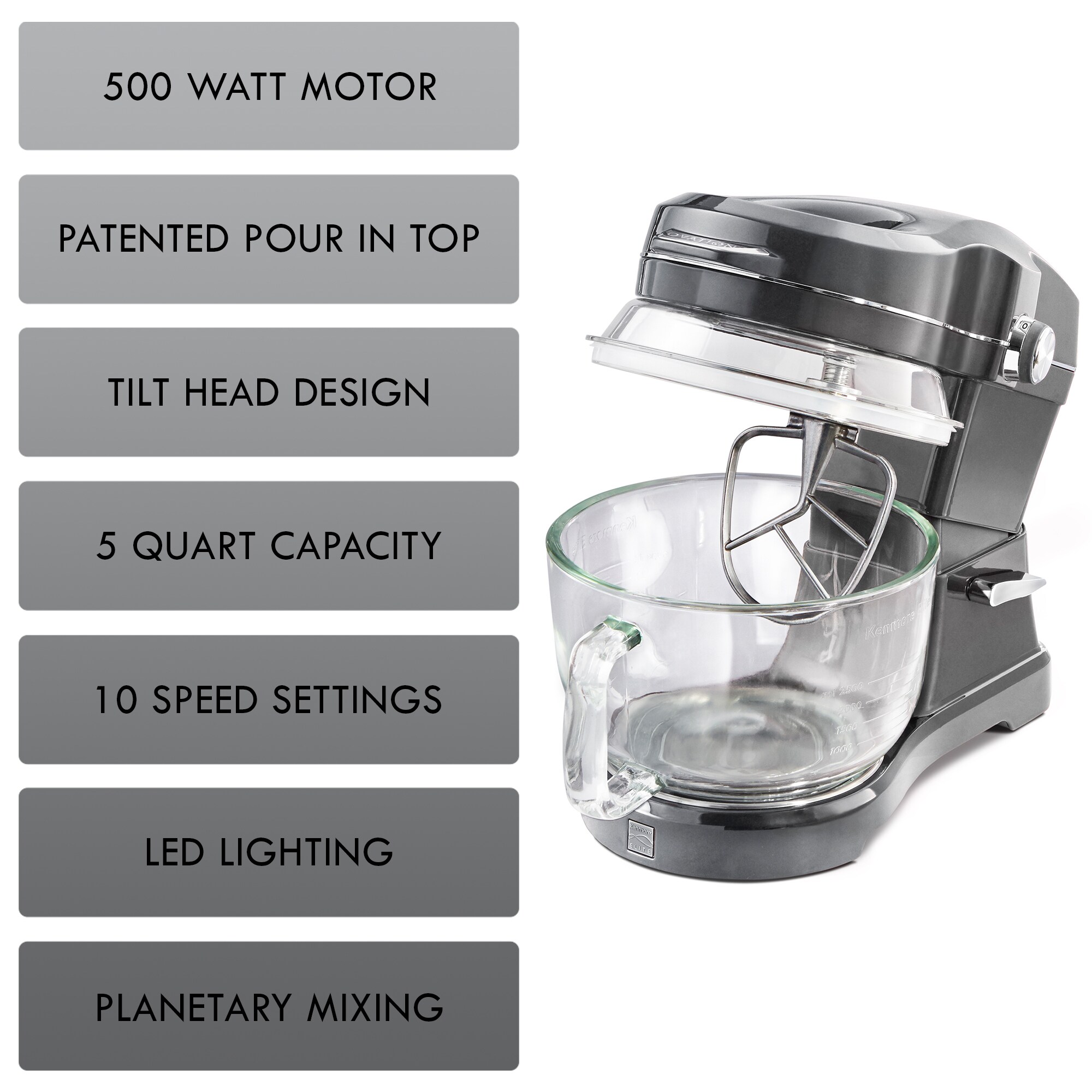 Batidora de pie inclinable Kenmore Elite Heavy-Duty de 500 vatios con vertido patentado desde arriba en Gris Ovation de 5 cuartos para uso comercial o residencial.