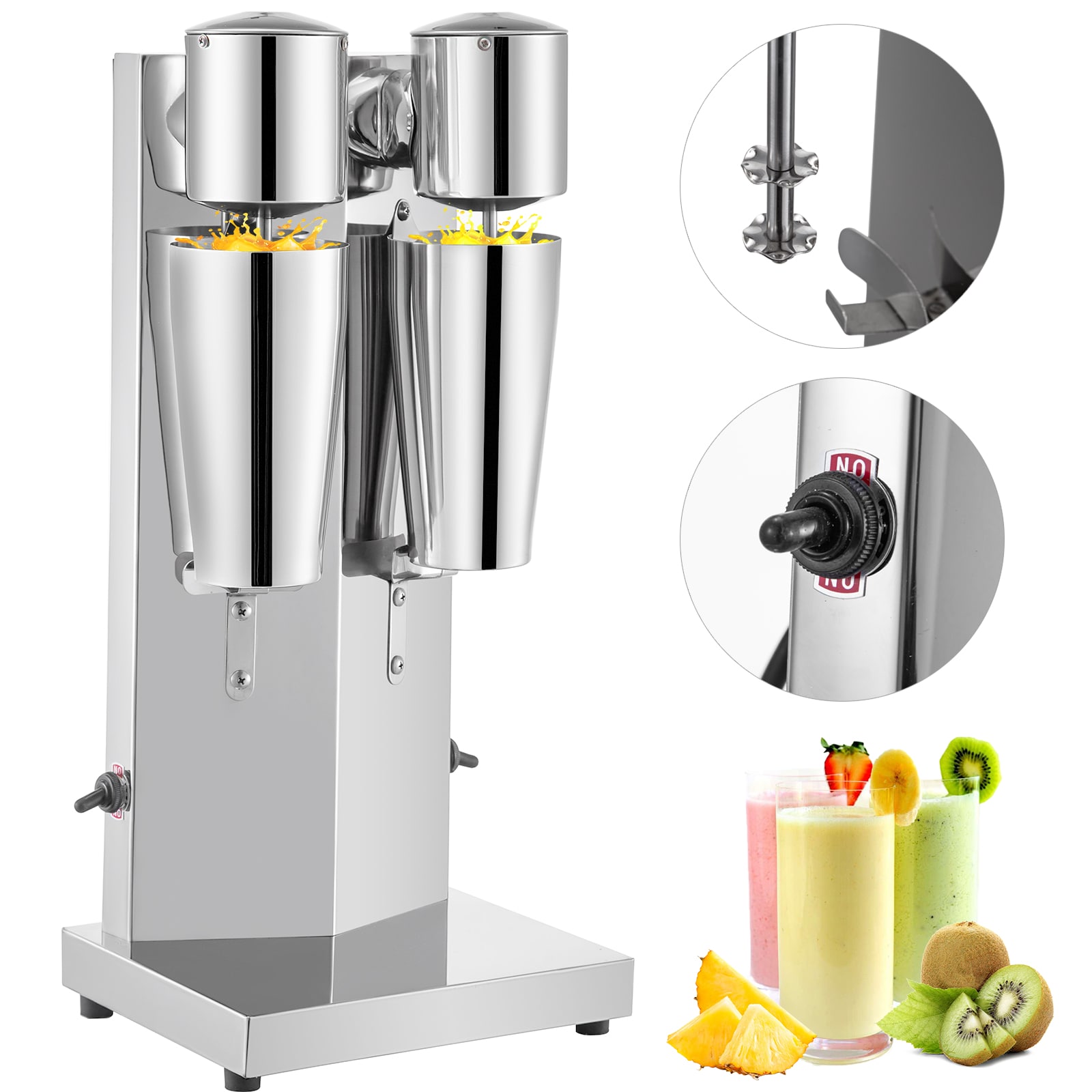 Mezcladora de Batidos Eléctrica de Doble Cabezal de 180W de Acero Inoxidable para Batidos de Leche Comercial/Residencial con Inclinación de Cabeza 0.84 Litros