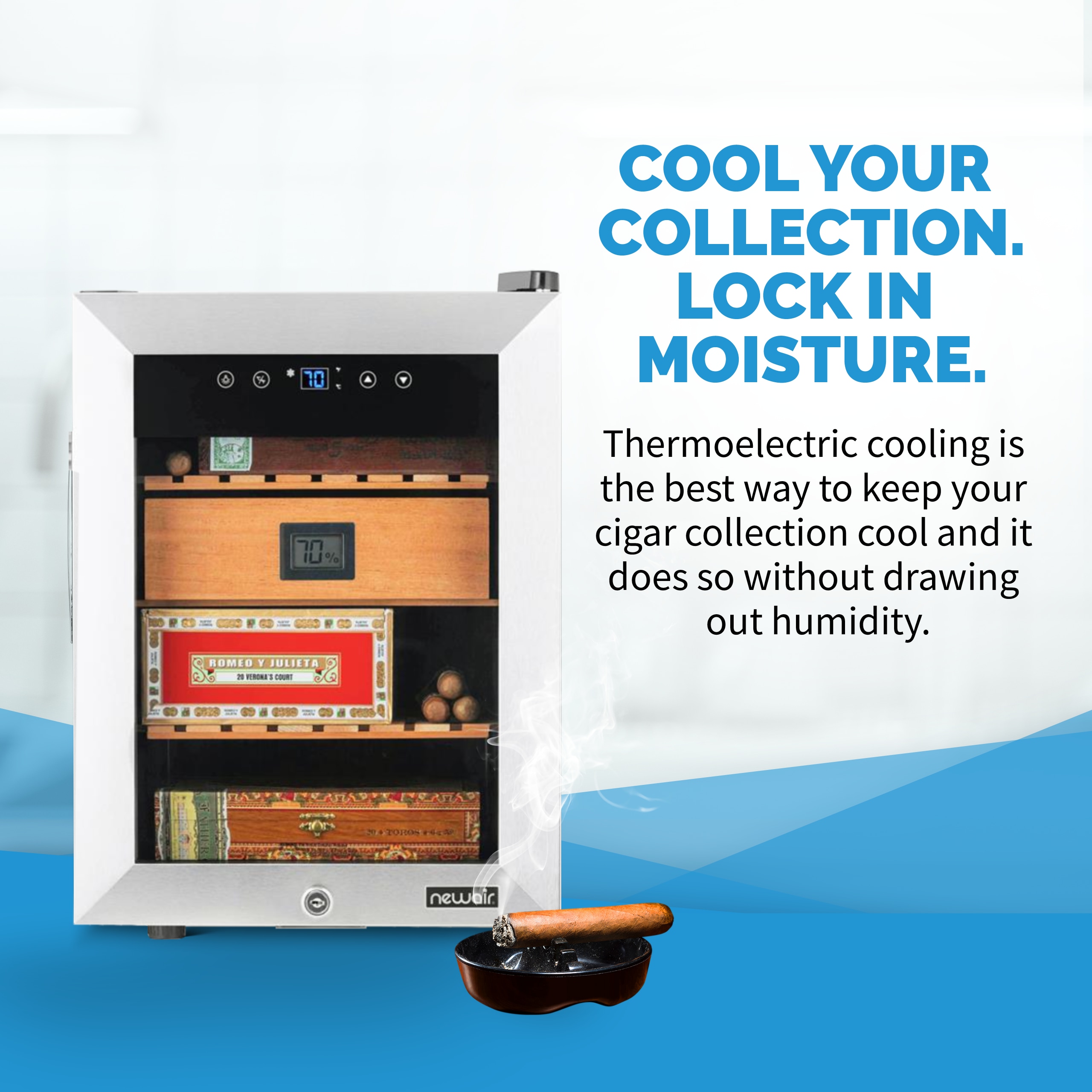 Humidor de mesa independiente de acero inoxidable con higrómetro digital (capacidad para 250 puros) NCH250SS01 - 18.50 pulgadas x 13.60 pulgadas x 19.30 pulgadas