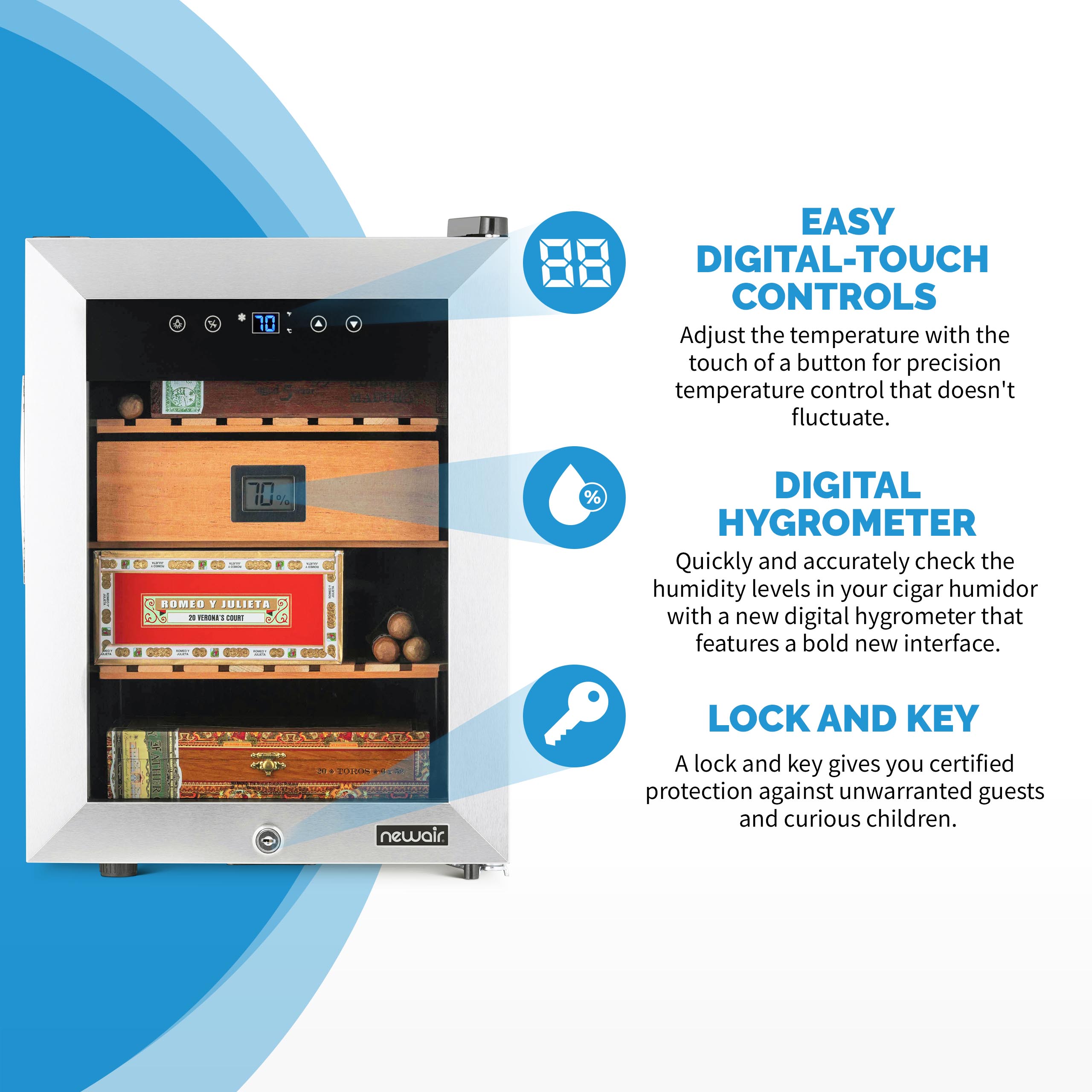 Humidor de mesa independiente de acero inoxidable con higrómetro digital (capacidad para 250 puros) NCH250SS01 - 18.50 pulgadas x 13.60 pulgadas x 19.30 pulgadas