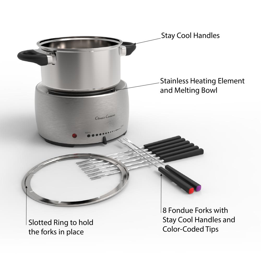 Set de olla para fondue de acero inoxidable Hastings Home - Cocedor y calentador de fondue para queso, chocolate y más - Kit incluye 8 tenedores de Hastings Home - Seguro para lavavajillas 688830COE