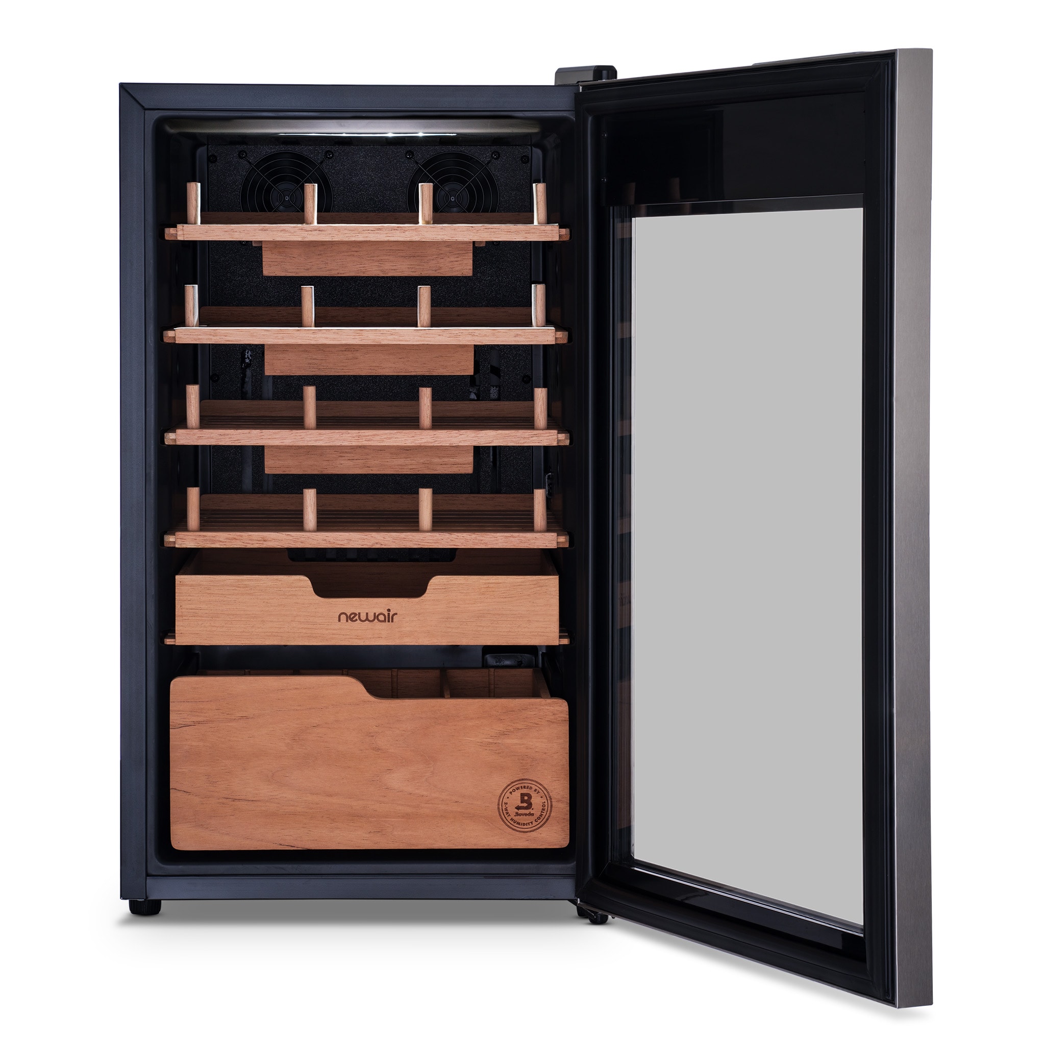 Humidor de gabinete independiente de acero inoxidable y negro NewAir de 29.13 pulgadas x 16.93 pulgadas x 17.72 pulgadas (Capacidad para 500 puros) NCH500SSB0