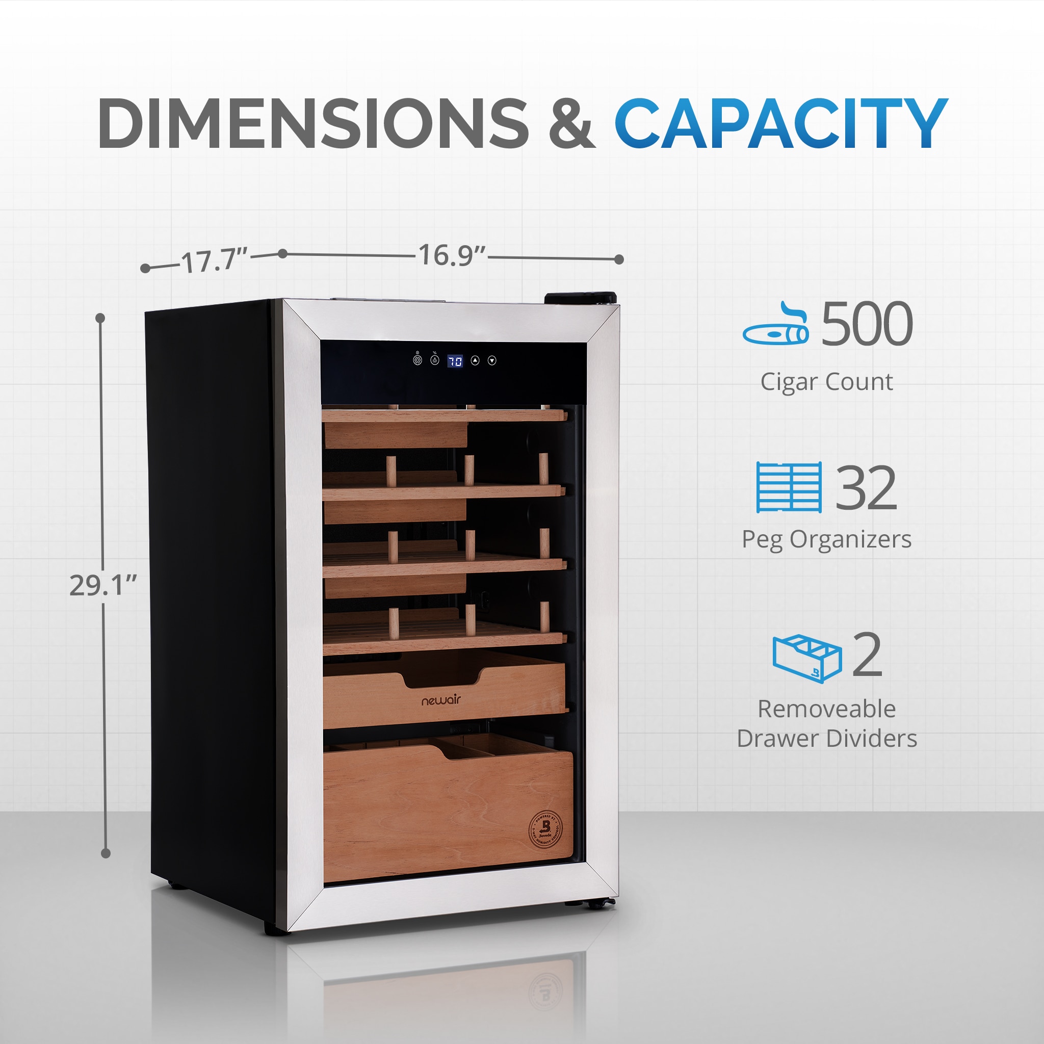 Humidor de gabinete independiente de acero inoxidable y negro NewAir de 29.13 pulgadas x 16.93 pulgadas x 17.72 pulgadas (Capacidad para 500 puros) NCH500SSB0