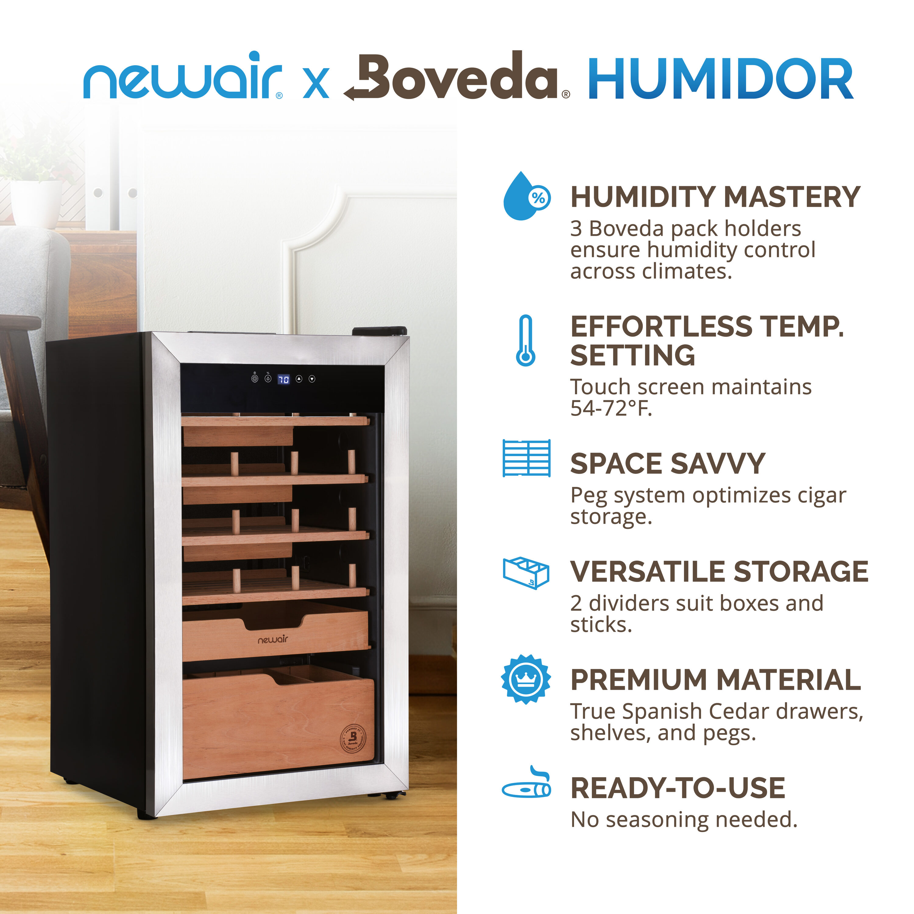 Humidor de gabinete independiente de acero inoxidable y negro NewAir de 29.13 pulgadas x 16.93 pulgadas x 17.72 pulgadas (Capacidad para 500 puros) NCH500SSB0