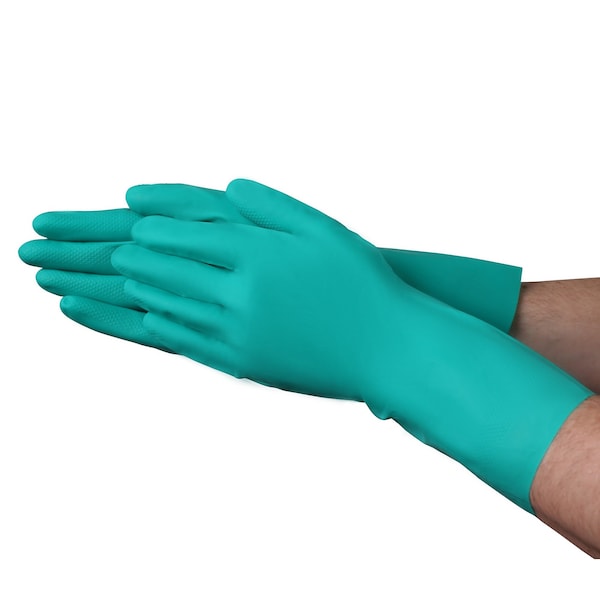 Guantes Vguard Nitrile verdes resistentes a químicos sin forro, con puño recto de 13", paquete de 288 - C11A210
