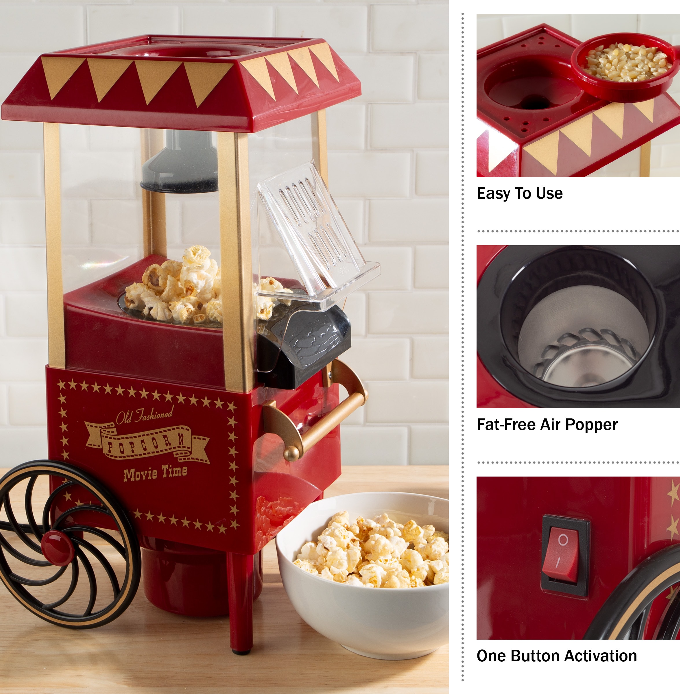 Máquina para hacer palomitas estilo vintage en rojo con capacidad para 6 tazas