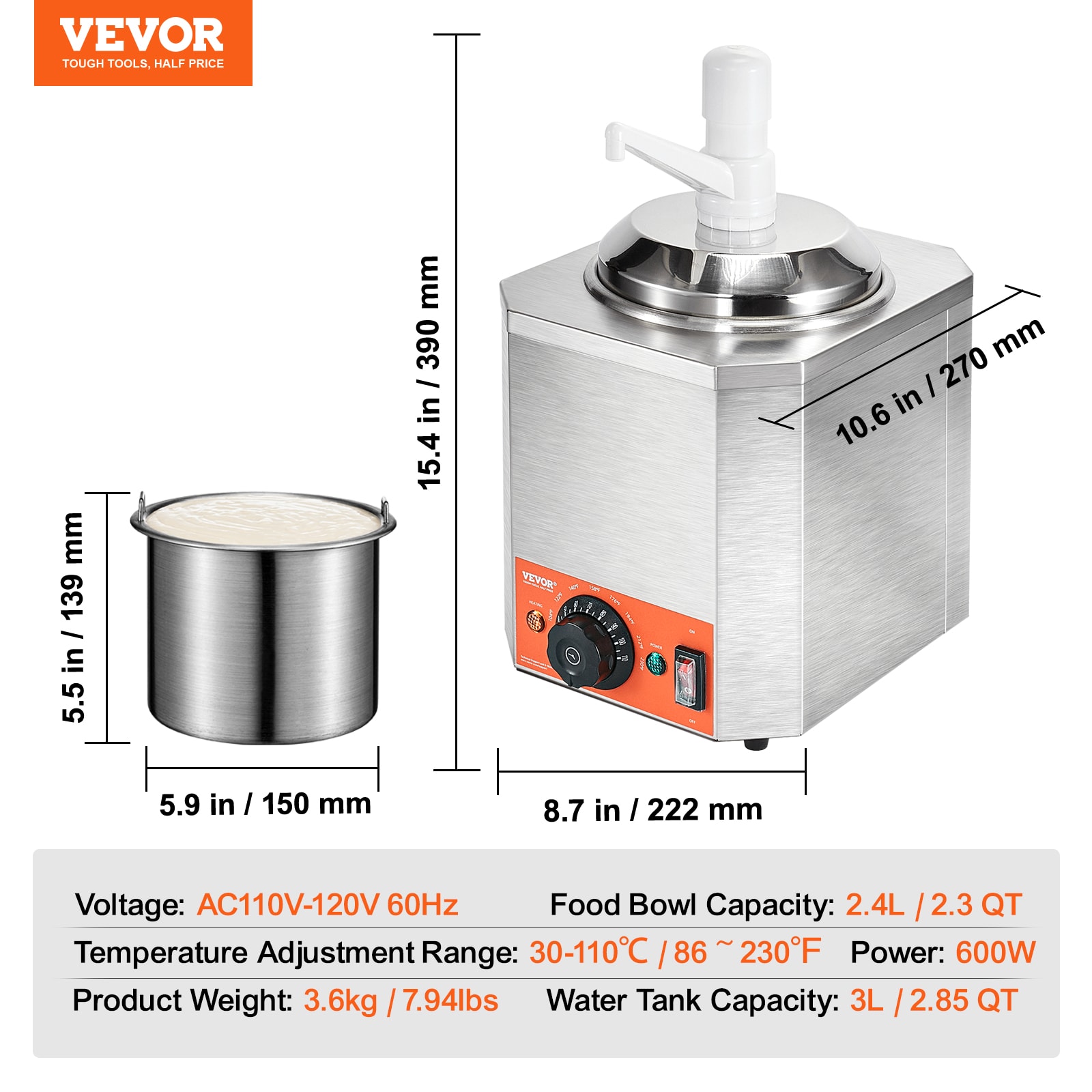 Calentador de Chocolate Caliente de 600 W 2.3 QT Calentador de Queso Derretido enchufable