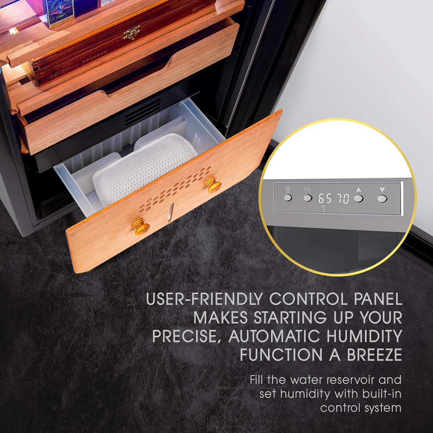 Gabinete humidificador independiente de acero inoxidable con higrómetro digital (capacidad para 300 cigarros) Schmecke 25.1 pulgadas x 16.9 pulgadas x 17.7 pulgadas