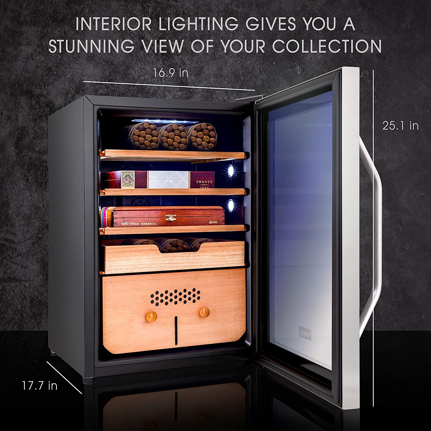 Gabinete humidificador independiente de acero inoxidable con higrómetro digital (capacidad para 300 cigarros) Schmecke 25.1 pulgadas x 16.9 pulgadas x 17.7 pulgadas