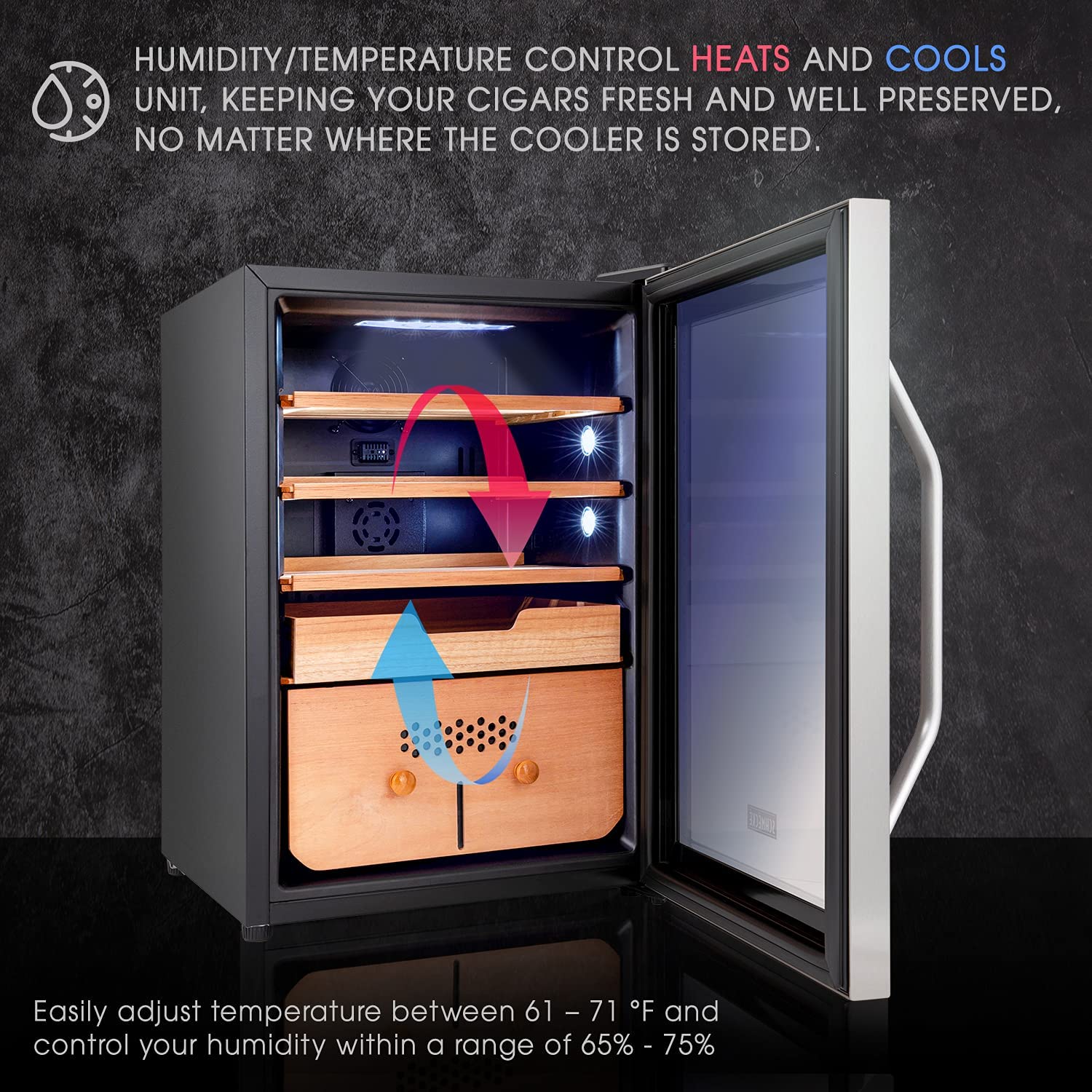 Gabinete humidificador independiente de acero inoxidable con higrómetro digital (capacidad para 300 cigarros) Schmecke 25.1 pulgadas x 16.9 pulgadas x 17.7 pulgadas