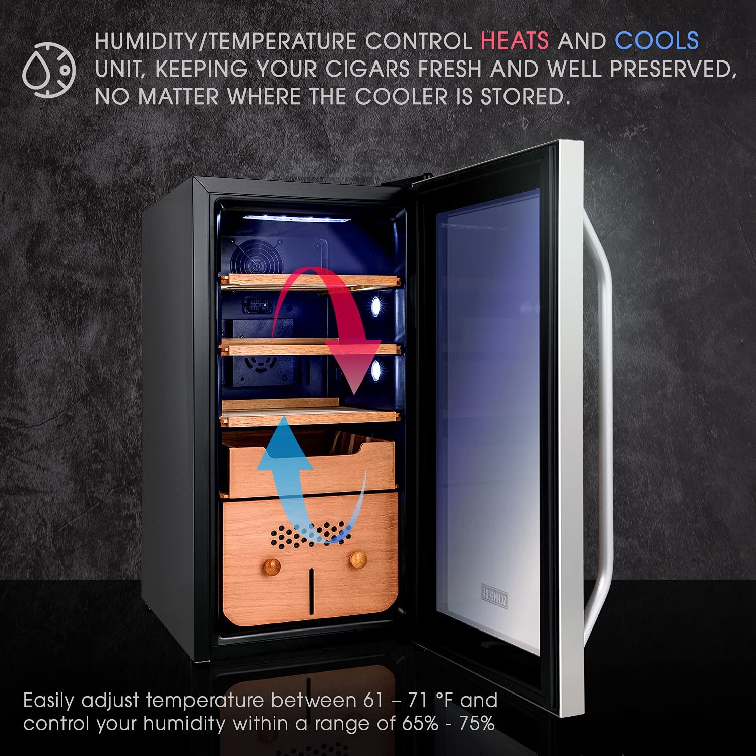 Gabinete humidificador independiente de acero inoxidable con higrómetro digital (para 250 puros) Schmecke 27.1 pulgadas x 13.5 pulgadas x 17.7 pulgadas