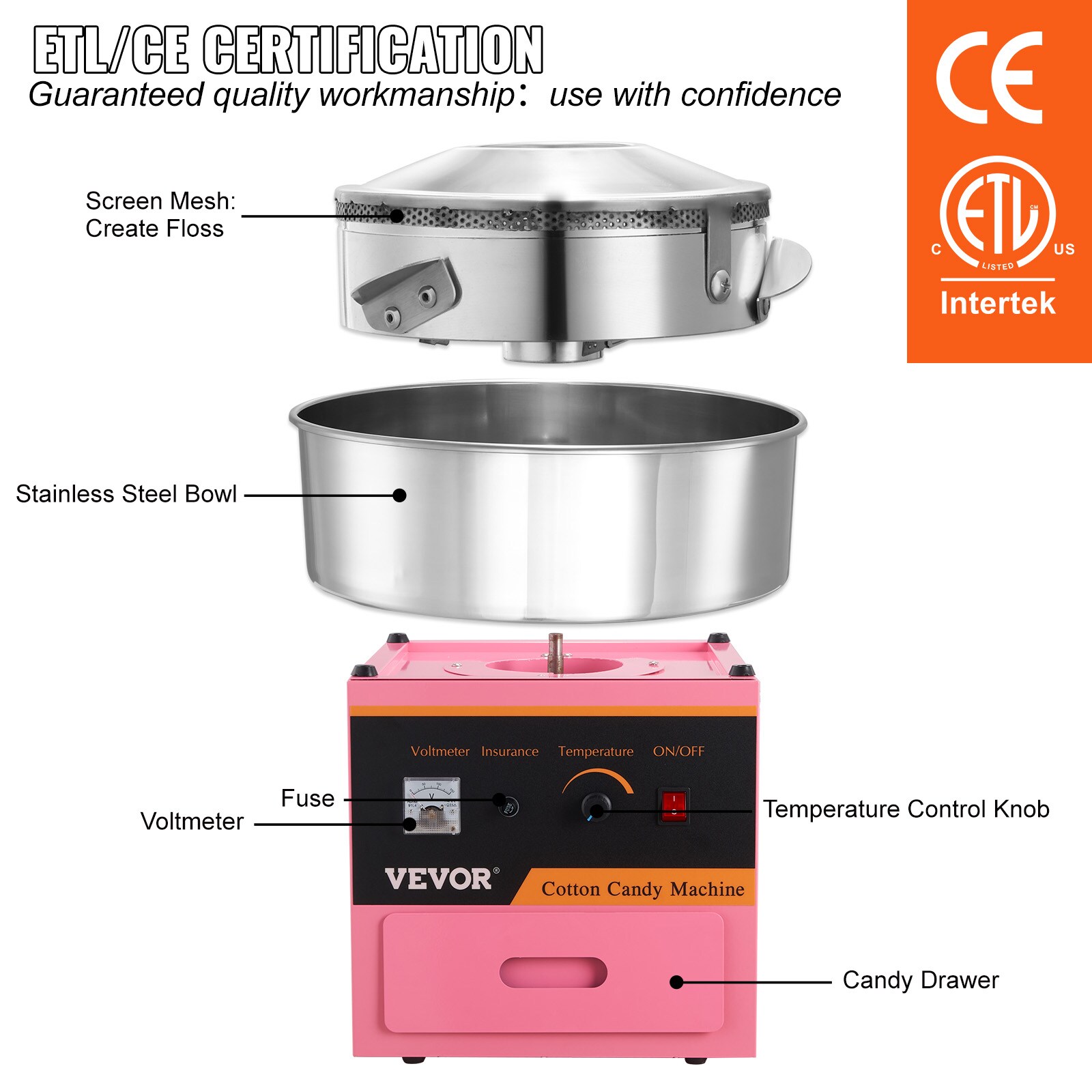 Máquina para hacer algodón de azúcar de sobremesa de 1000 W, temperatura de 149 a 473 grados