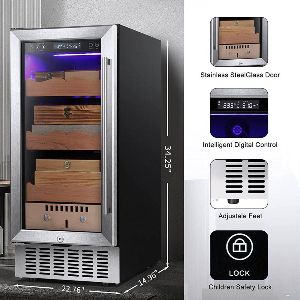 Gabinete Humidor de Acero Inoxidable con Higrómetro Digital (para 400 puros) COWSAR 34.25 pulgadas x 14.96 pulgadas x 22.76 pulgadas