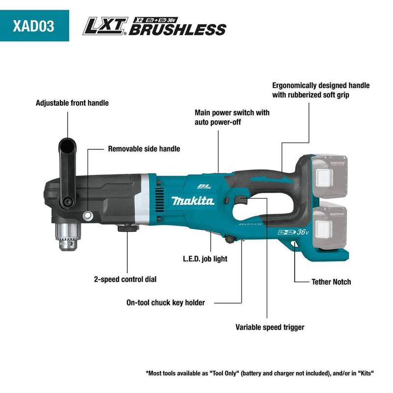 Kit de Taladro Angular Derecho Inalámbrico sin Escobillas de Litio-Ion LXT de 18V X2 (36V) 5.0 Ah de Makita - XAD03PT