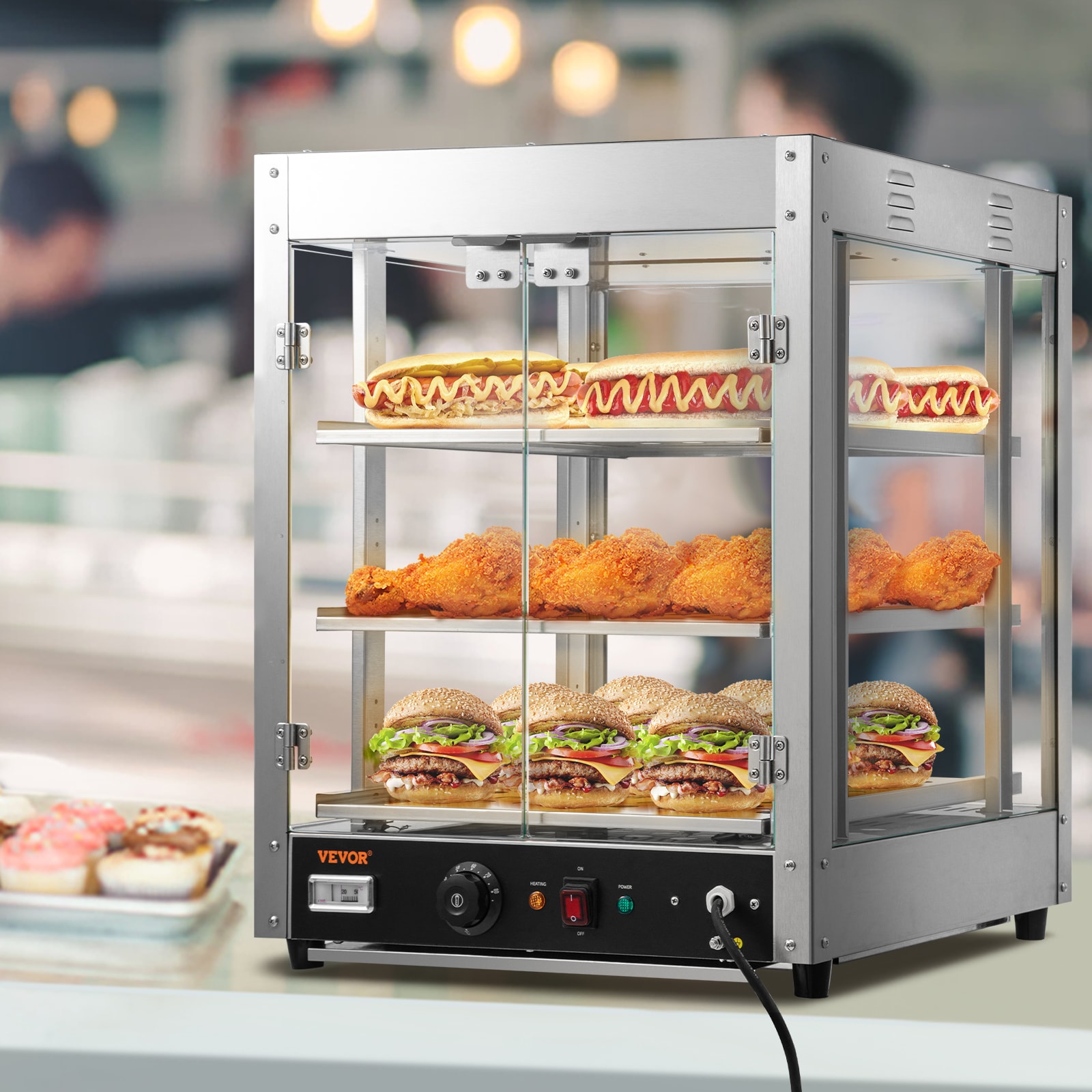 Calentador de alimentos de 3 niveles de 800W para perros calientes con calentador de pan