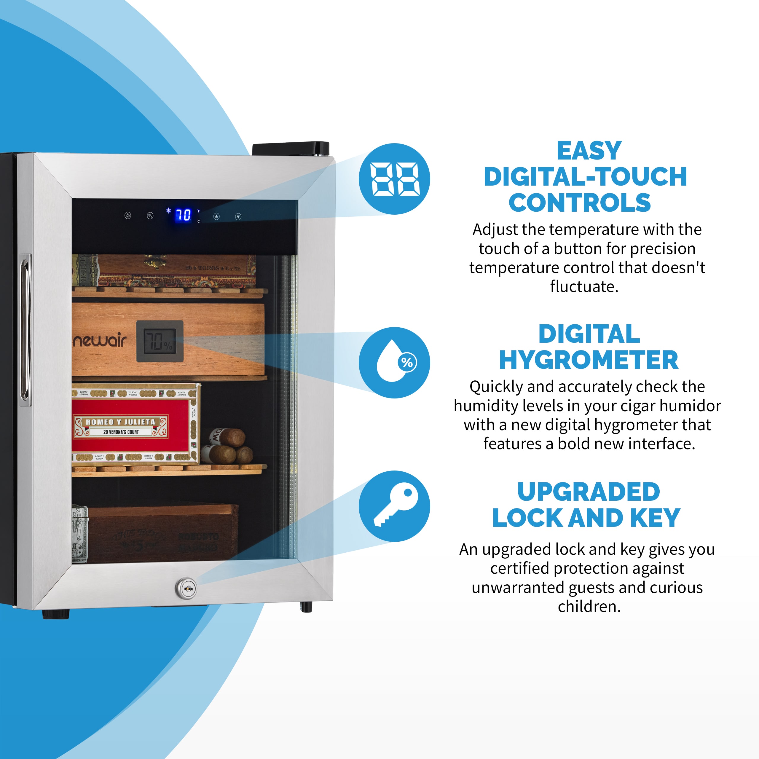 Humidor de mesa independiente de acero inoxidable con higrómetro digital (capacidad para 250 cigarros) - 18.50 pulgadas x 13.60 pulgadas x 19.30 pulgadas