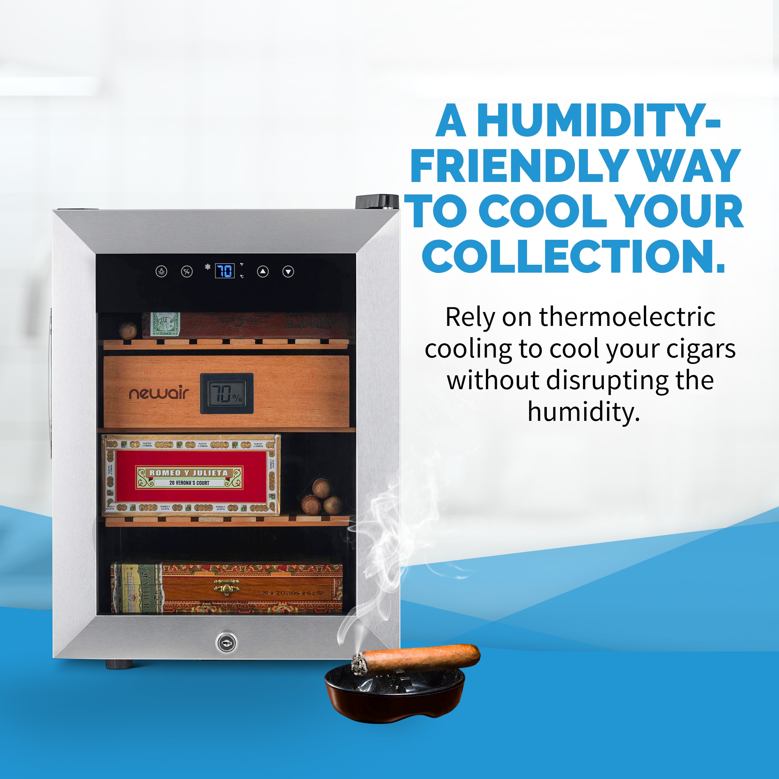 Humidor de mesa independiente de acero inoxidable con higrómetro digital (capacidad para 250 cigarros) - 18.50 pulgadas x 13.60 pulgadas x 19.30 pulgadas