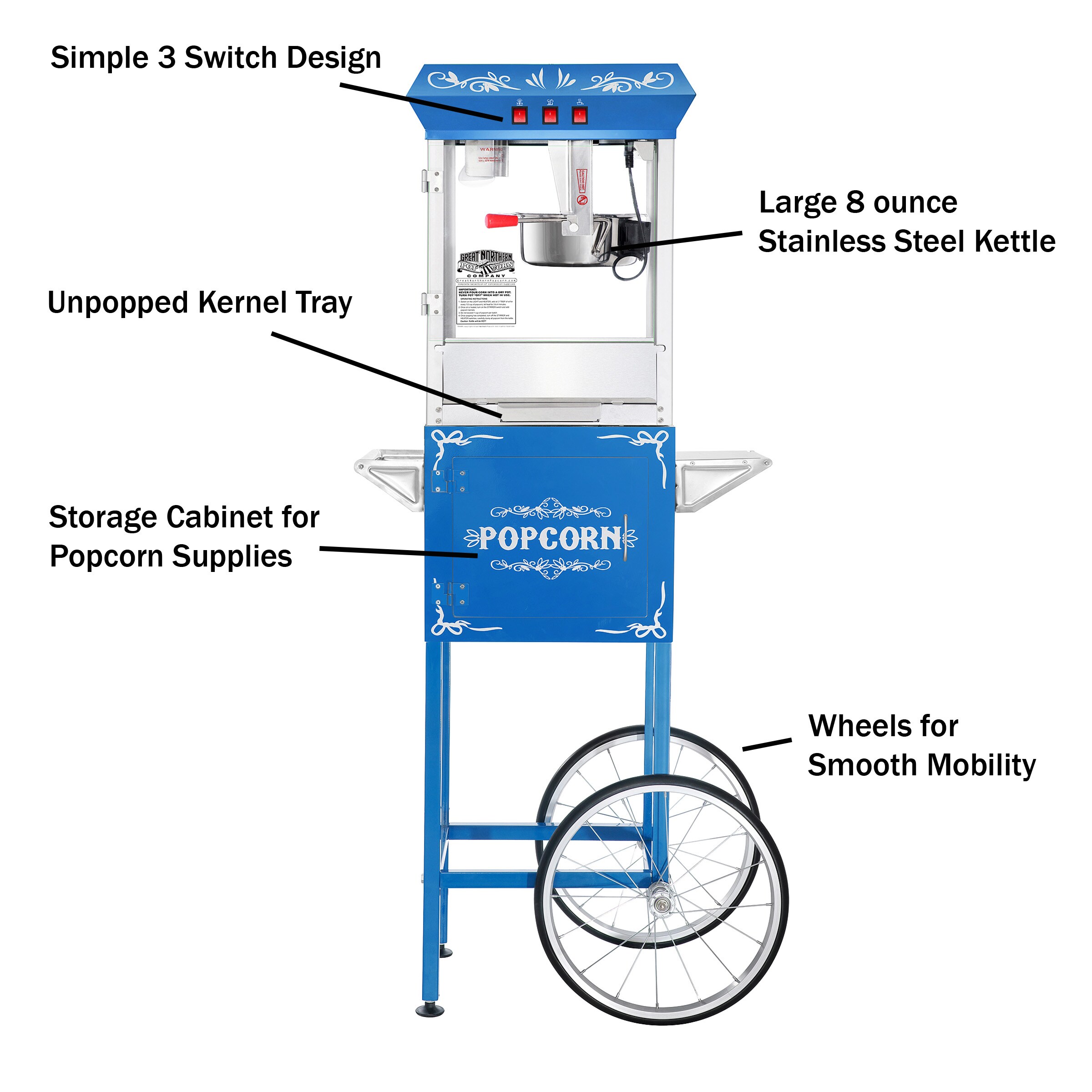 Máquina de palomitas de maíz independiente con carrito de acero inoxidable Great Northern Popcorn 338034BHQ